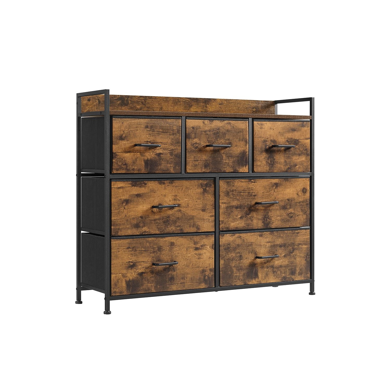 Fabric Chest of Drawers - 7 Storage Drawers - Metal Frame - Rustic Brown and Black