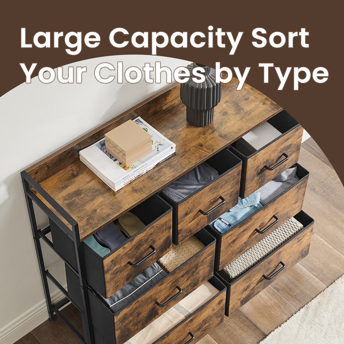Dresser Cabinet - 7 Fabric Drawers - Metal Frame - Rustic Brown and Black