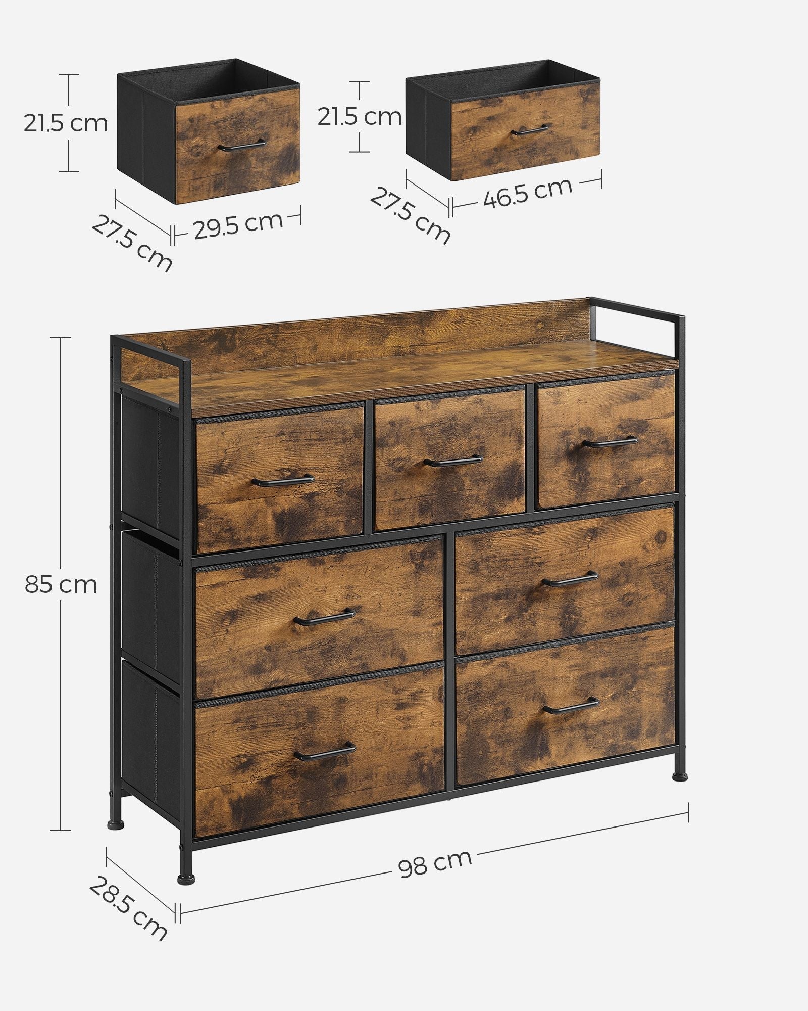 Fabric Chest of Drawers - 7 Storage Drawers - Metal Frame - Rustic Brown and Black