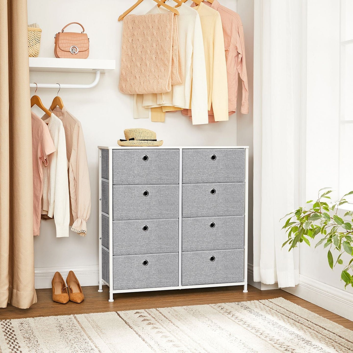 Storage Unit - Fabric - Light Grey and White - 8 Easy Pull Drawers with Metal Frame and Tabletop