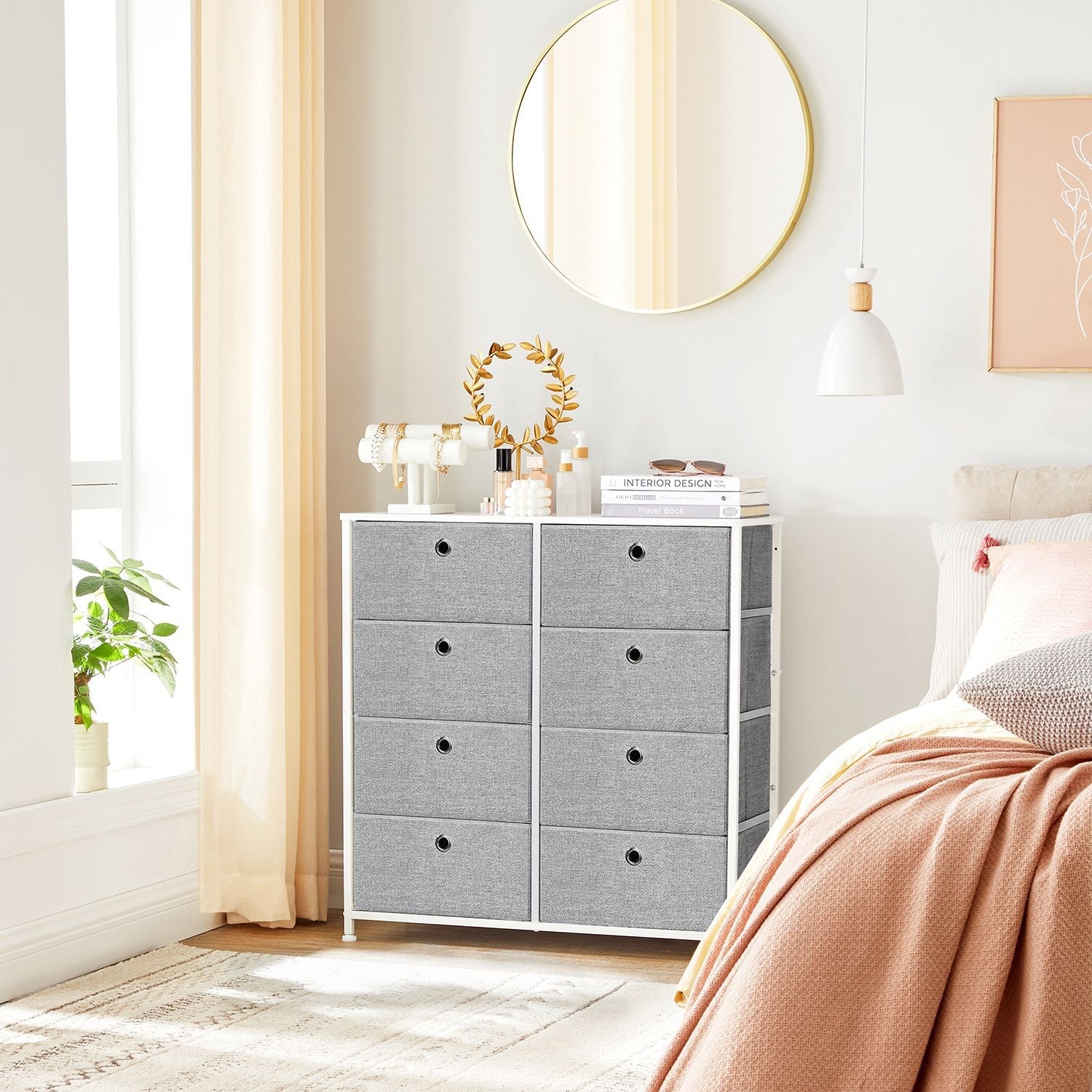 Storage Unit - Fabric - Light Grey and White - 8 Easy Pull Drawers with Metal Frame and Tabletop