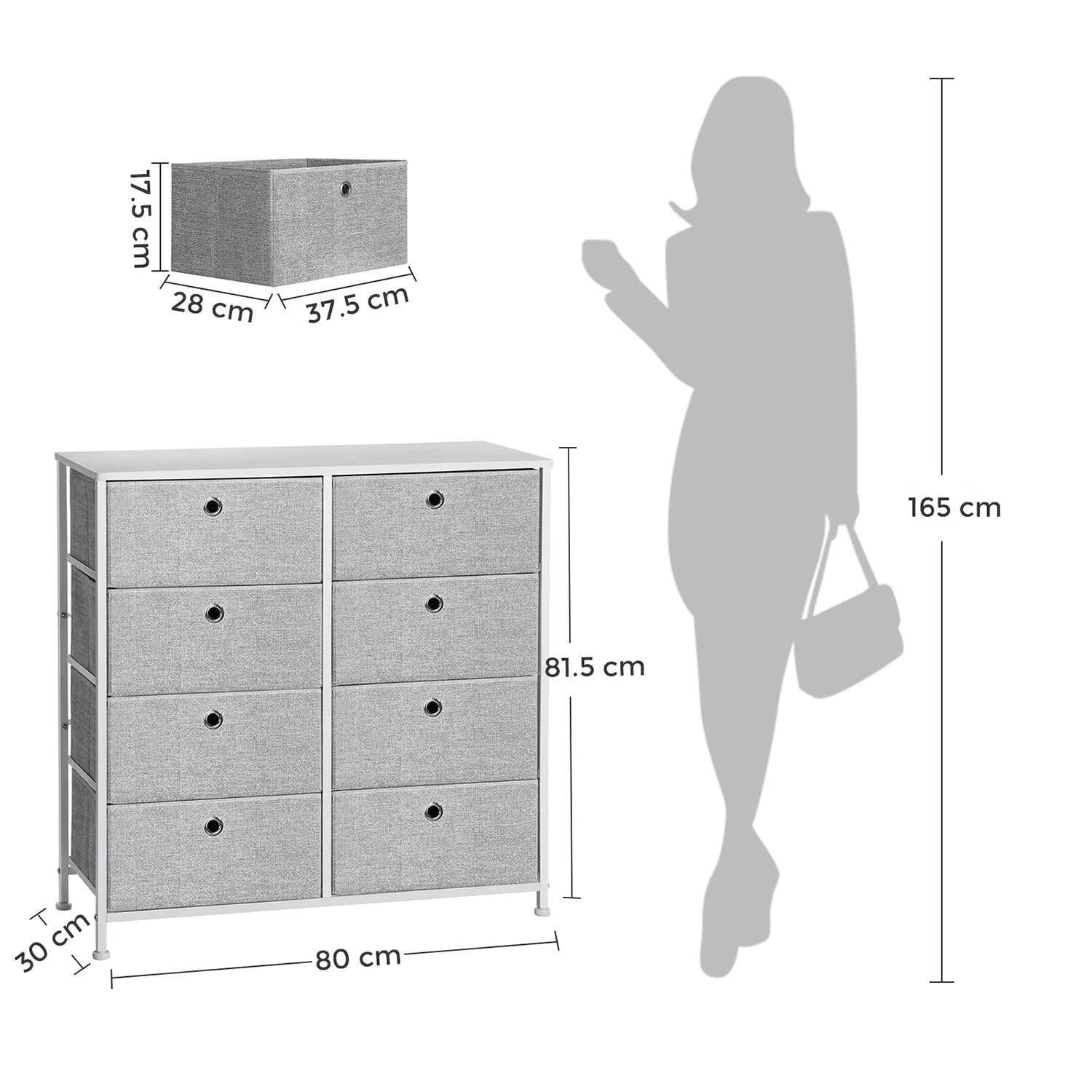 Storage Unit - Fabric - Light Grey and White - 8 Easy Pull Drawers with Metal Frame and Tabletop