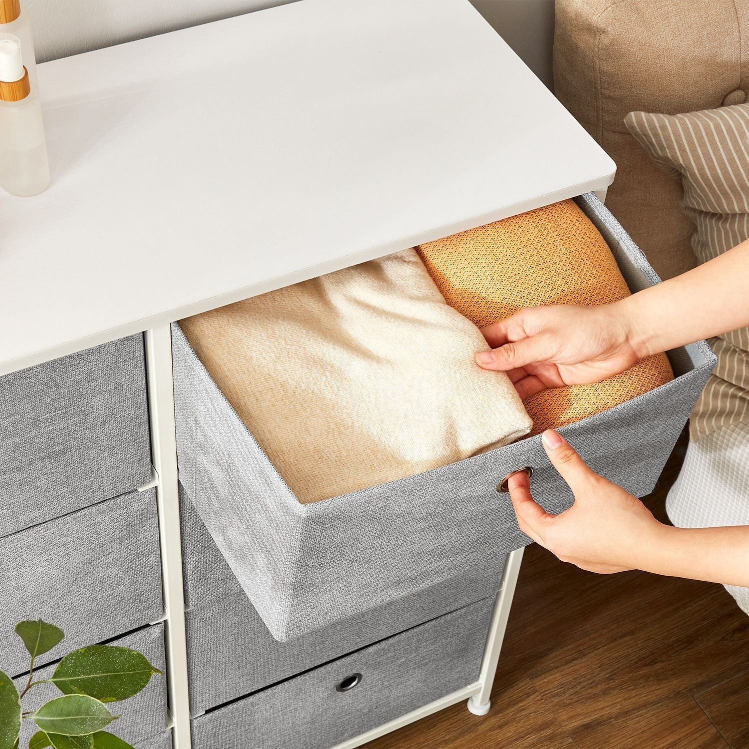 Storage Unit - Fabric - Light Grey and White - 8 Easy Pull Drawers with Metal Frame and Tabletop