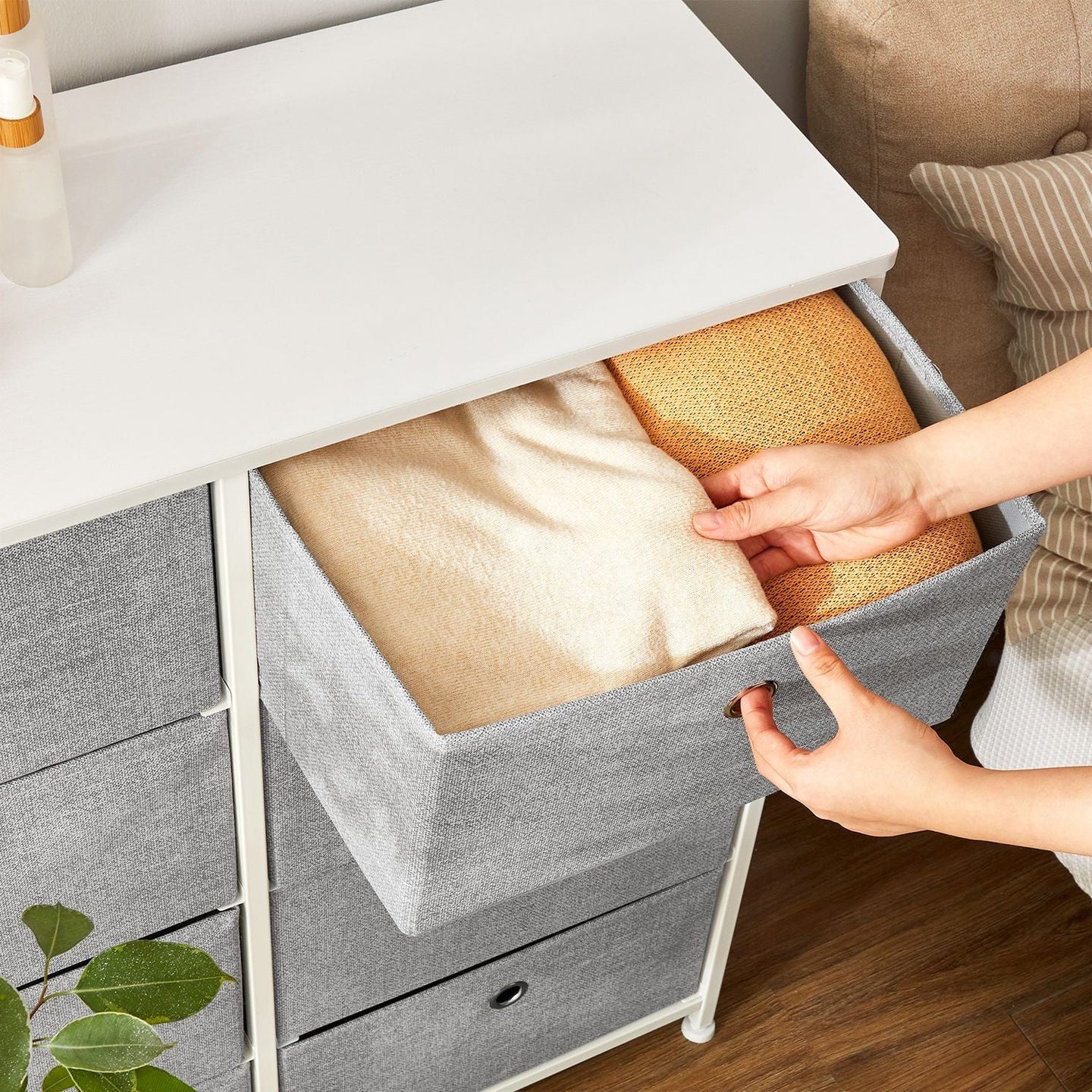 Storage Unit - Fabric - Light Grey and White - 8 Easy Pull Drawers with Metal Frame and Tabletop