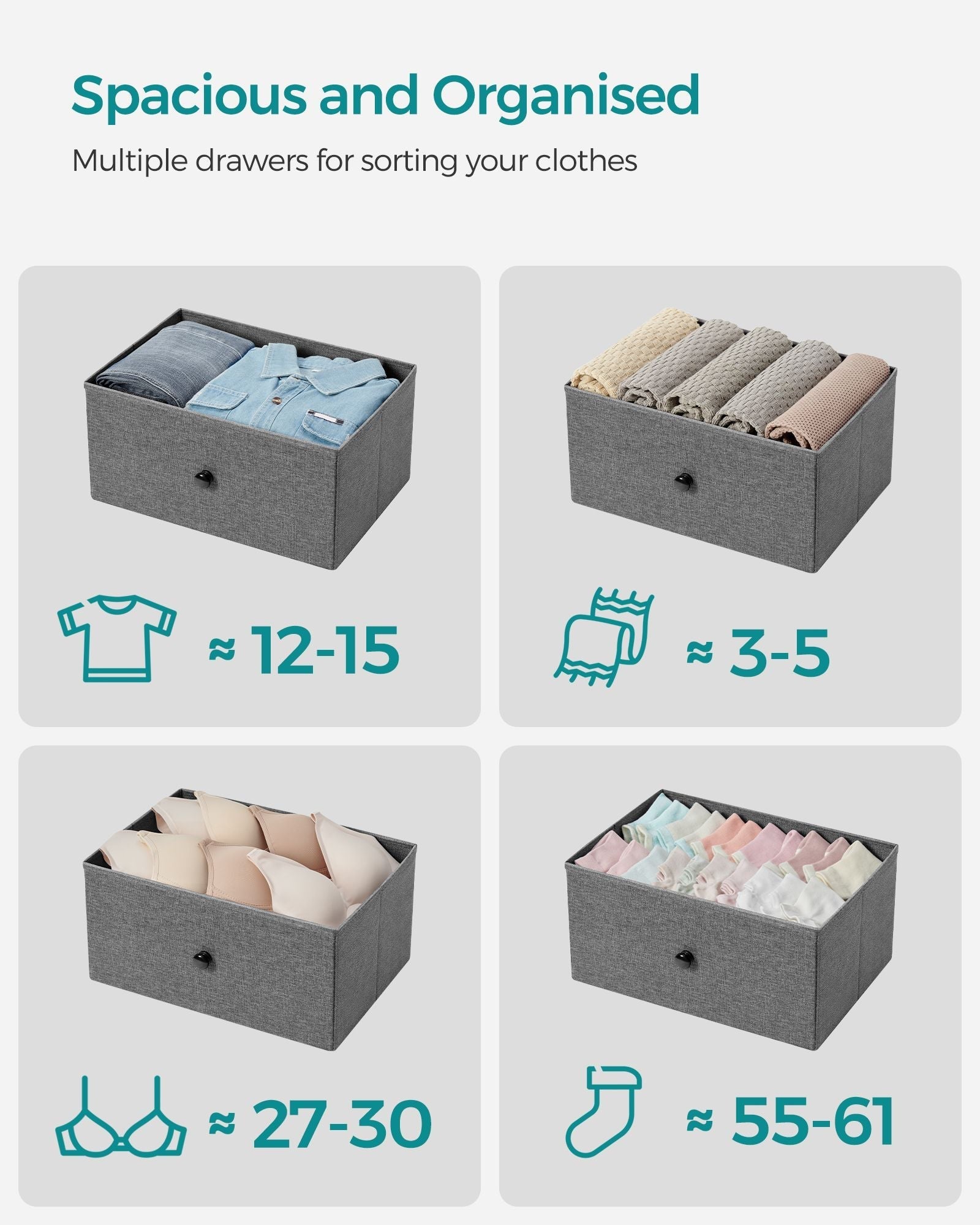 Chest of Drawers - Fabric - Classic Grey - Slim Design with 4 Storage Drawers