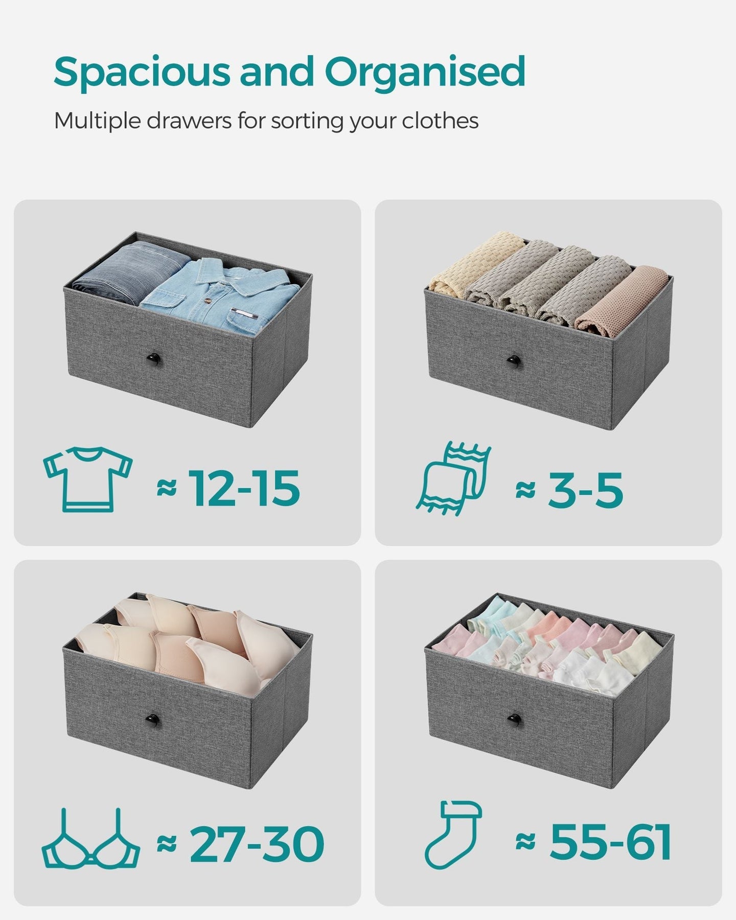 Chest of Drawers - Fabric - Classic Grey - Slim Design with 4 Storage Drawers