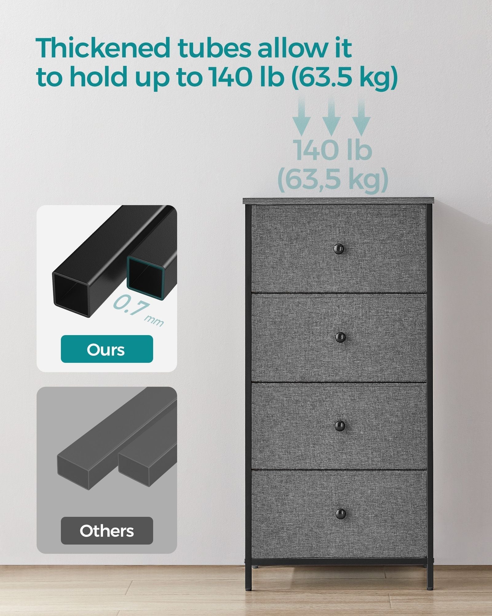 Chest of Drawers - Fabric - Classic Grey - Slim Design with 4 Storage Drawers