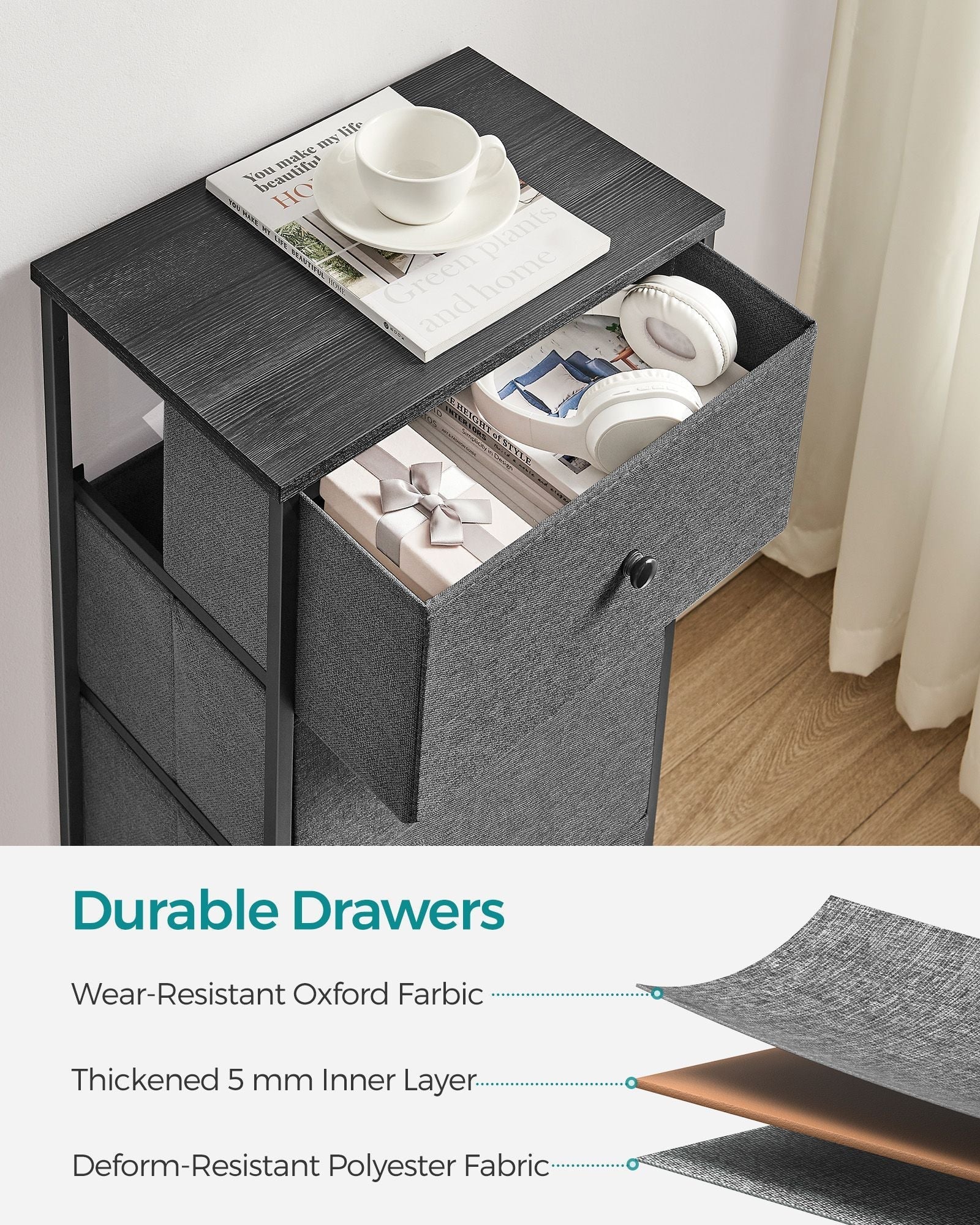 Chest of Drawers - Fabric - Classic Grey - Slim Design with 4 Storage Drawers
