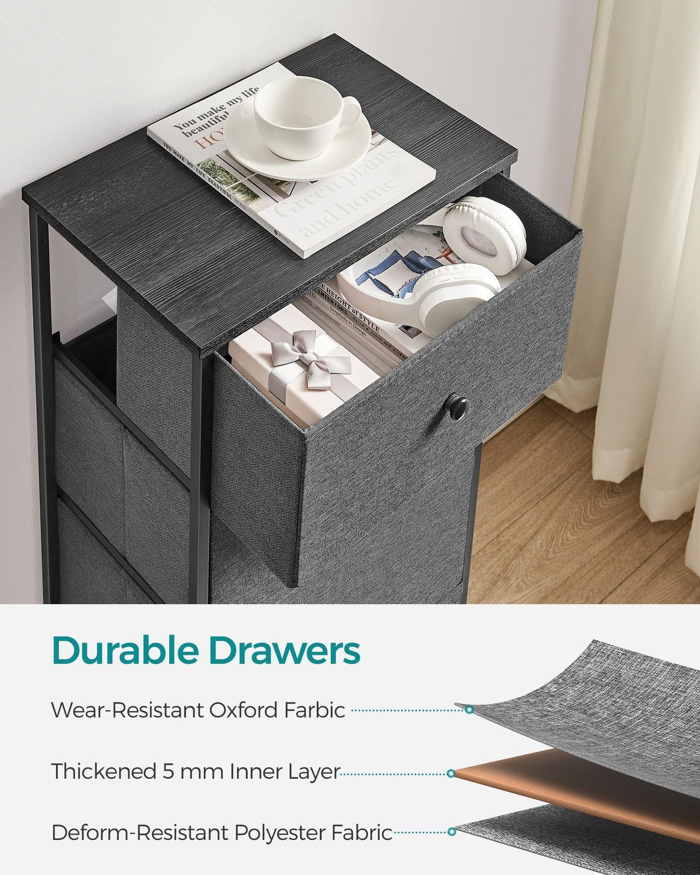 Chest of Drawers - Fabric - Classic Grey - Slim Design with 4 Storage Drawers