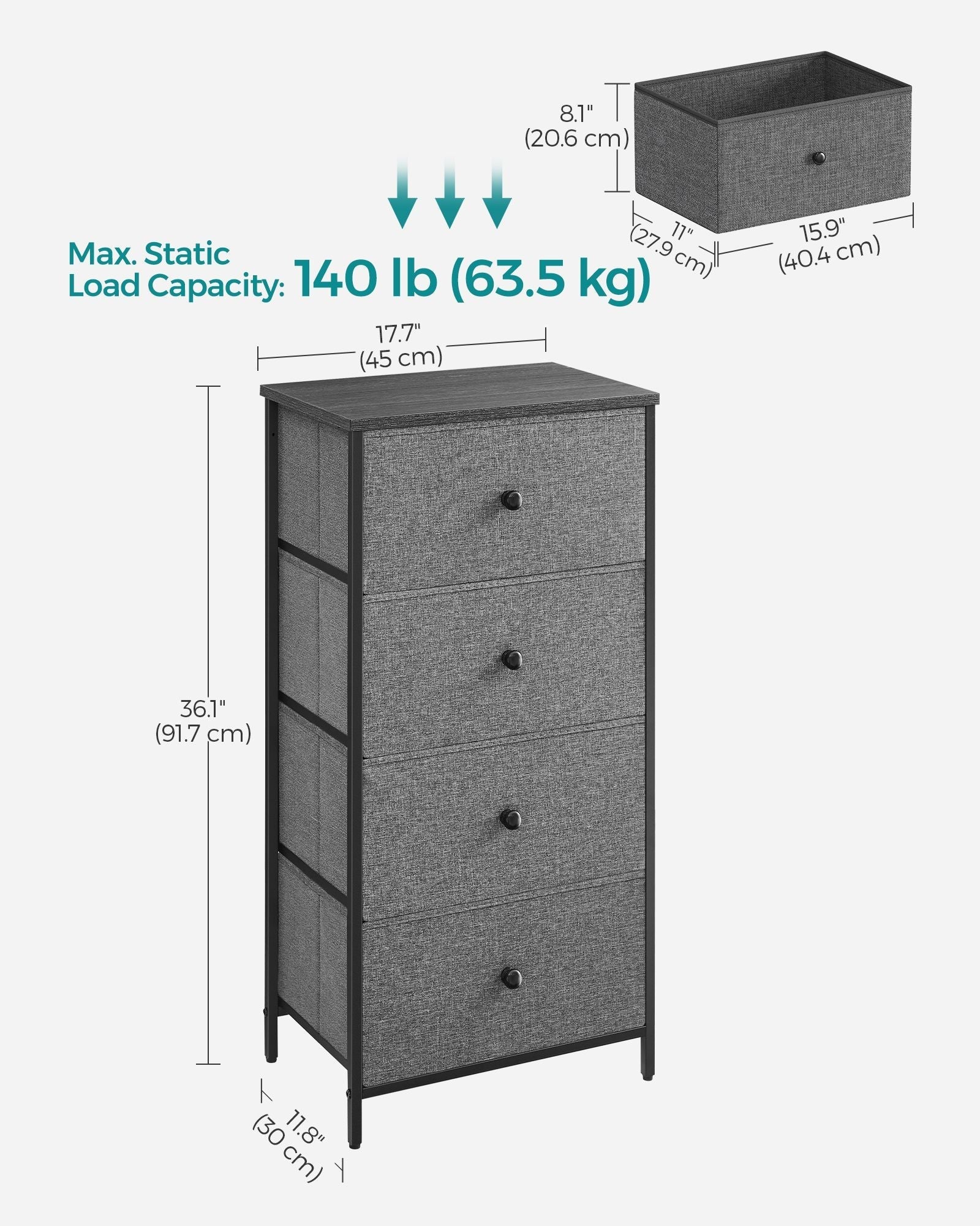 Chest of Drawers - Fabric - Classic Grey - Slim Design with 4 Storage Drawers