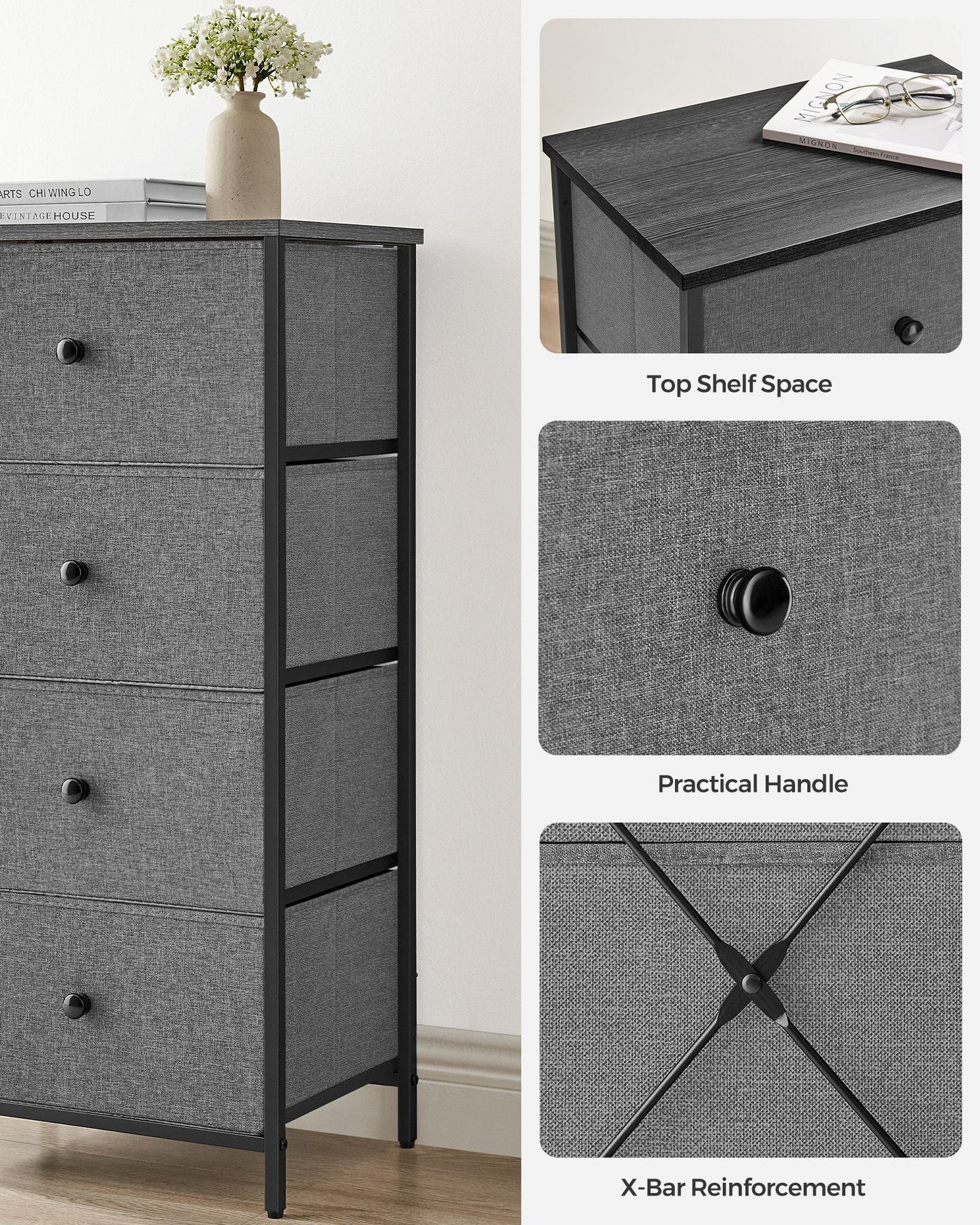 Chest of Drawers - Fabric - Classic Grey - Slim Design with 4 Storage Drawers