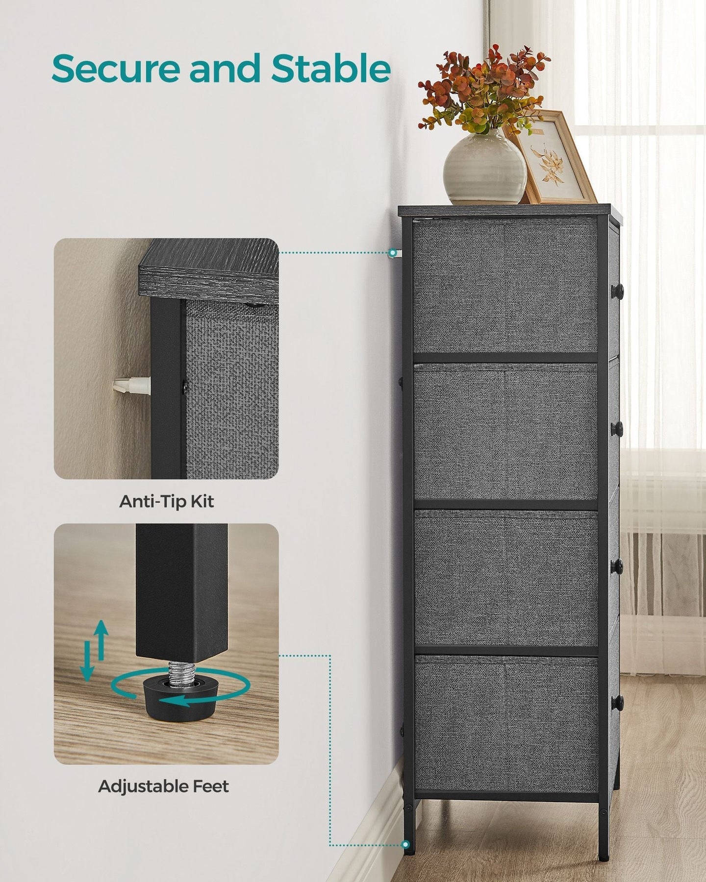 Chest of Drawers - Fabric - Classic Grey - Slim Design with 4 Storage Drawers