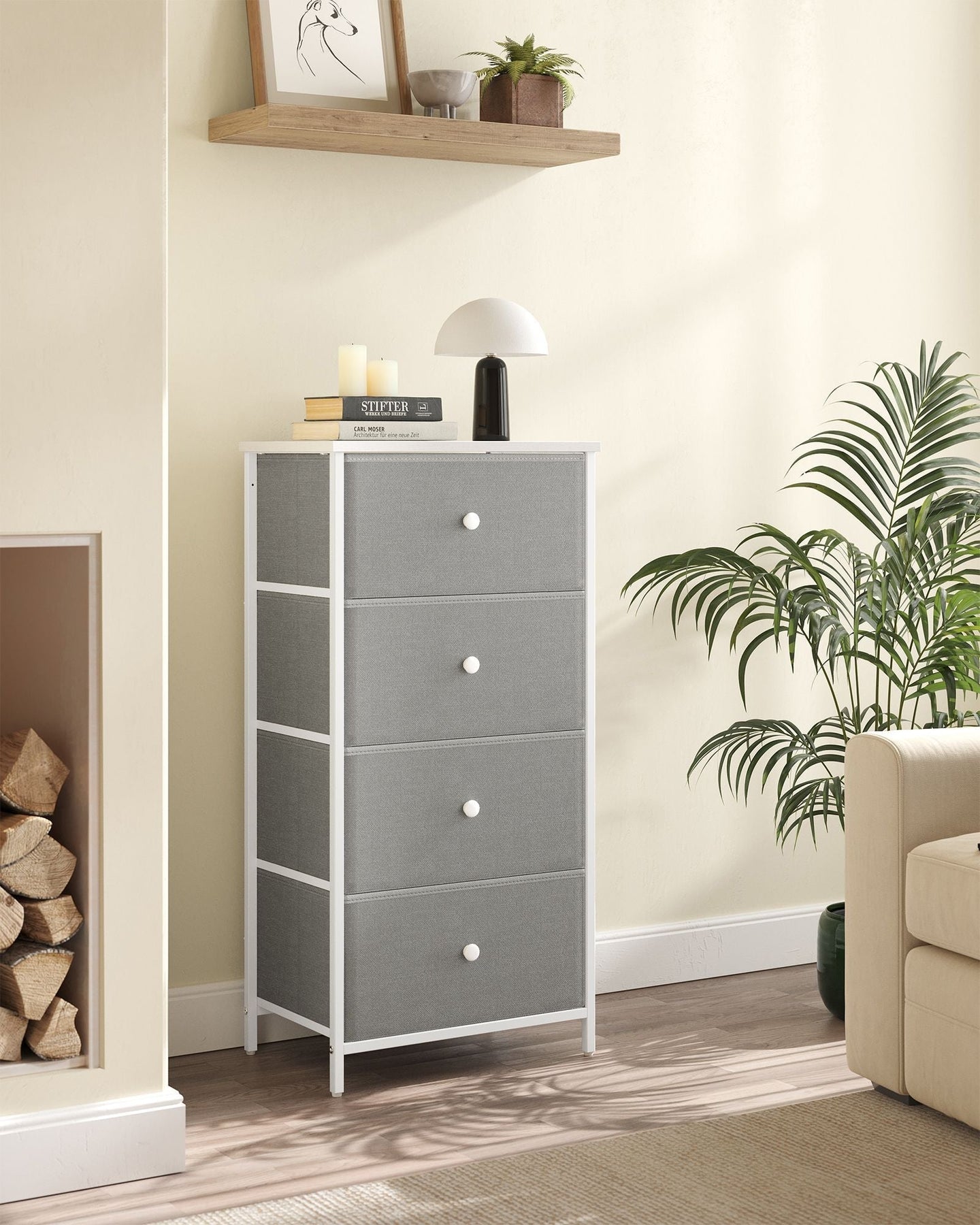 Chest of Drawers - Fabric - Light Grey and White - Slim Design with 4 Drawers