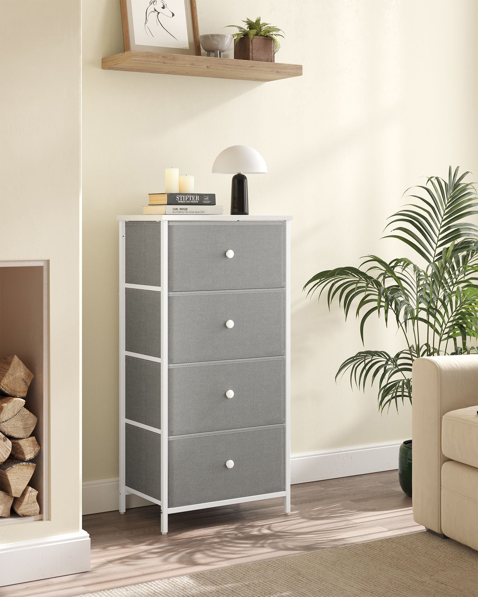 Chest of Drawers - Fabric - Light Grey and White - Slim Design with 4 Drawers