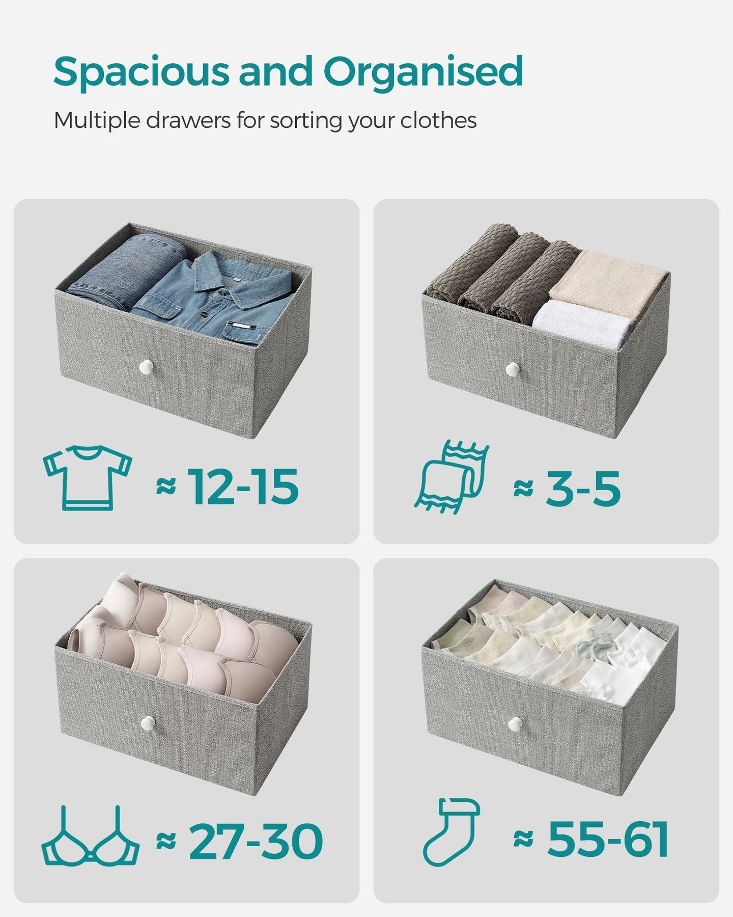Chest of Drawers - Fabric - Light Grey and White - Slim Design with 4 Drawers