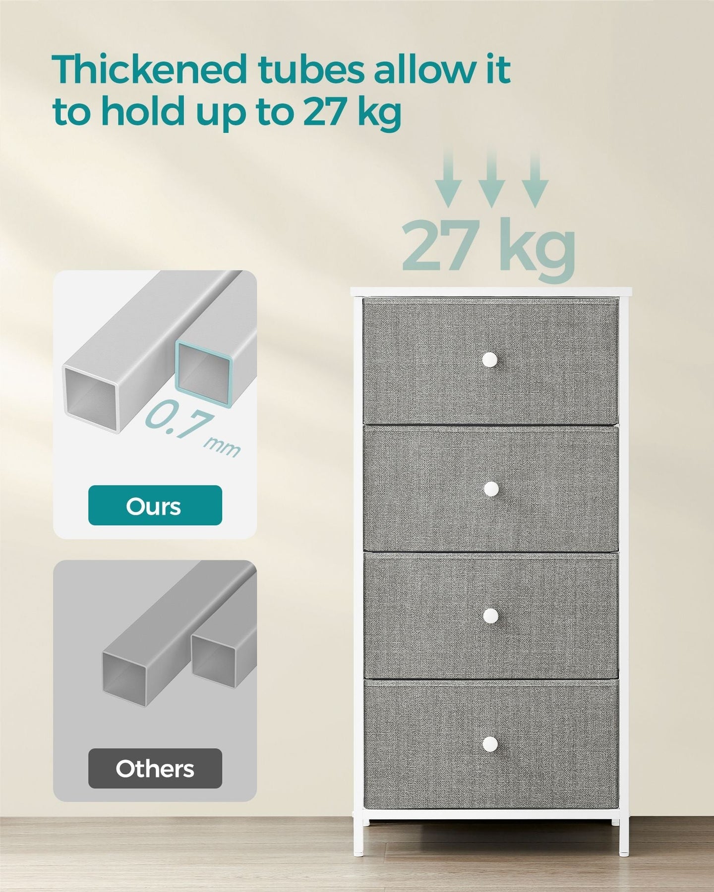 Chest of Drawers - Fabric - Light Grey and White - Slim Design with 4 Drawers