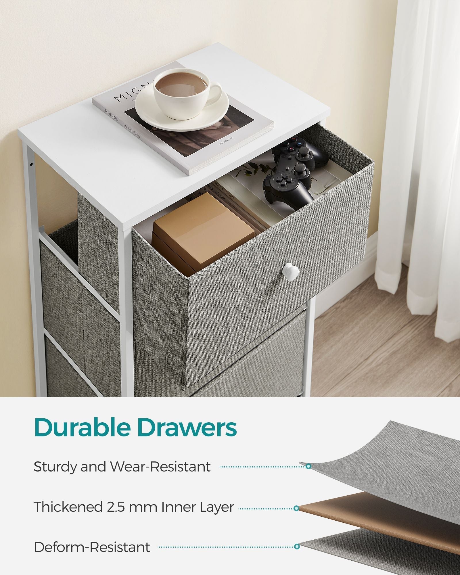 Chest of Drawers - Fabric - Light Grey and White - Slim Design with 4 Drawers