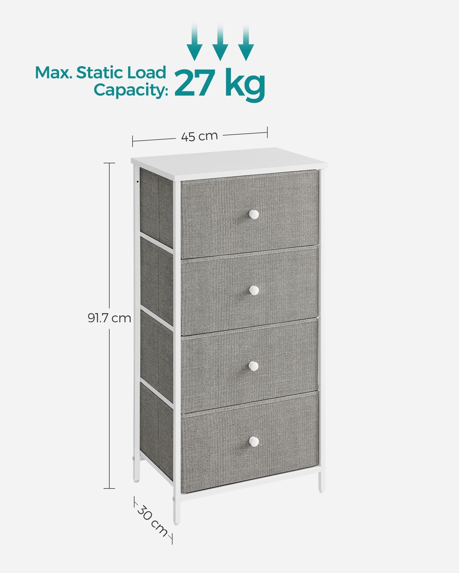 Chest of Drawers - Fabric - Light Grey and White - Slim Design with 4 Drawers