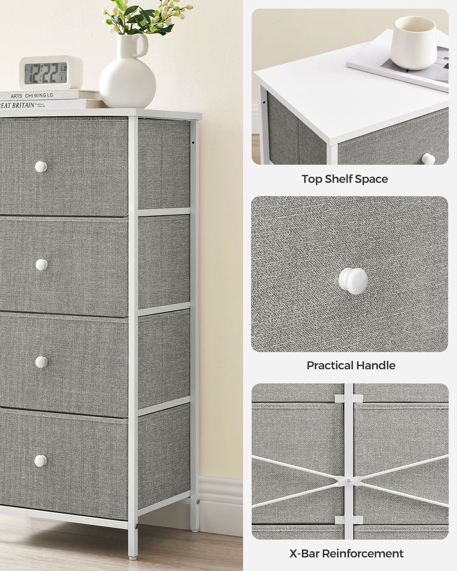 Chest of Drawers - Fabric - Light Grey and White - Slim Design with 4 Drawers