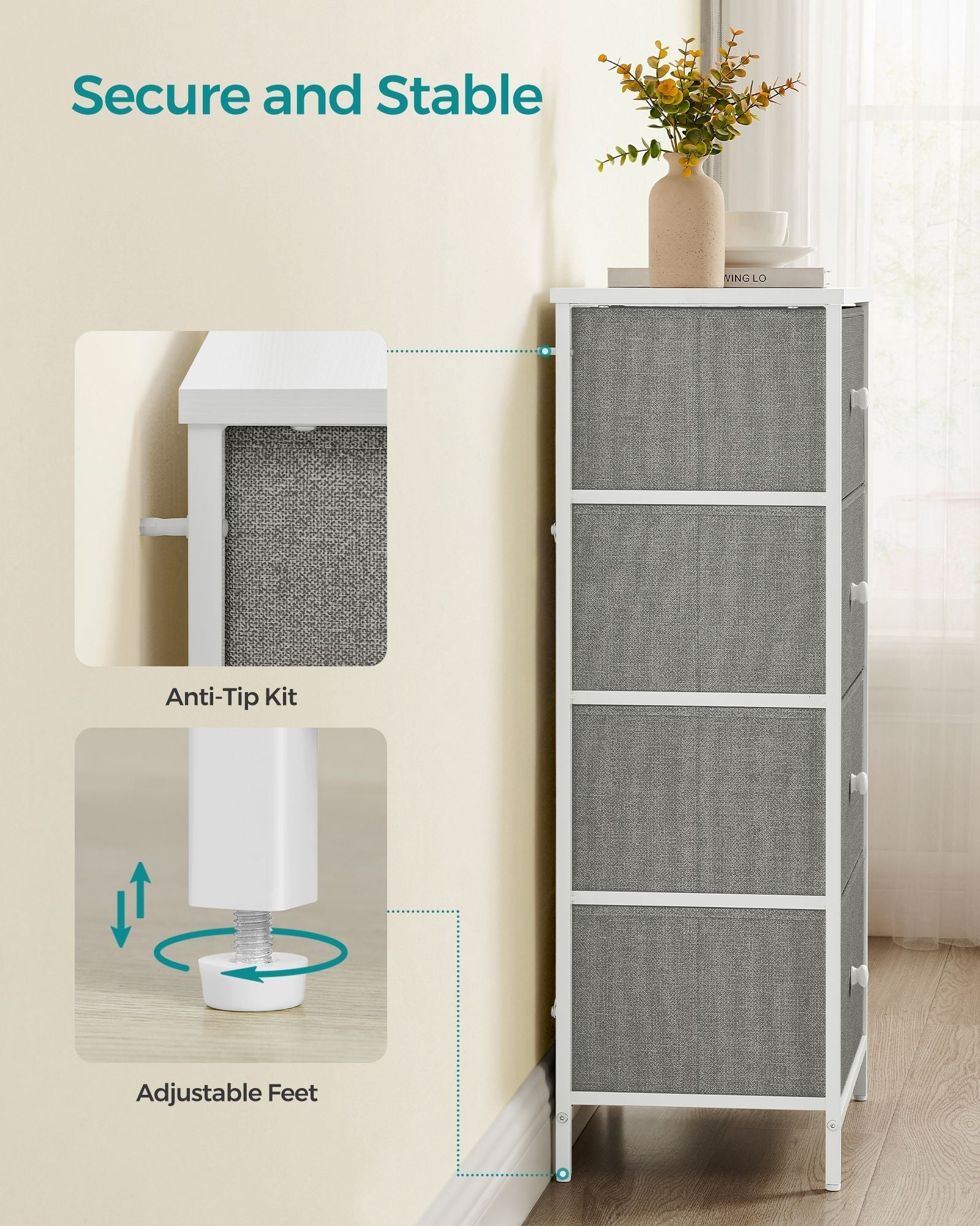 Chest of Drawers - Fabric - Light Grey and White - Slim Design with 4 Drawers