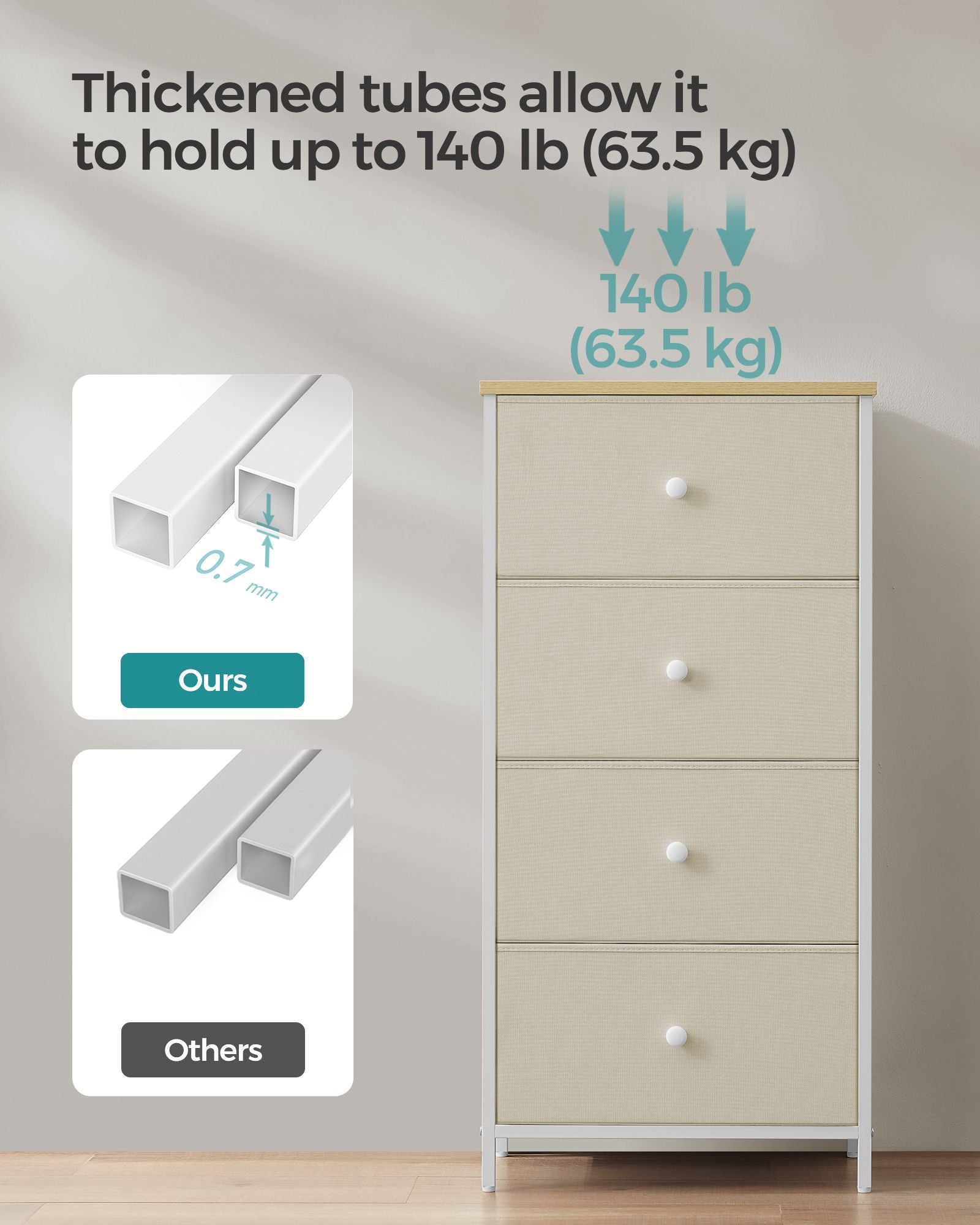 Chest of Drawers - Metal - Light Grey and White - Slim Design with 4 Drawers