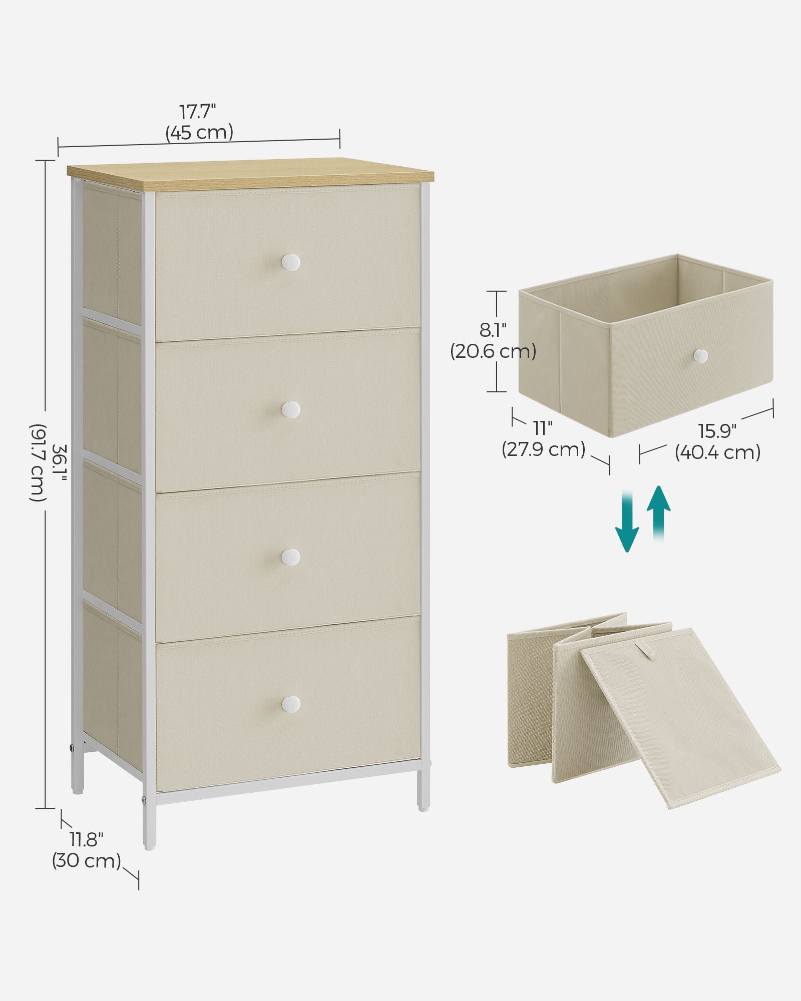 Chest of Drawers - Metal - Light Grey and White - Slim Design with 4 Drawers