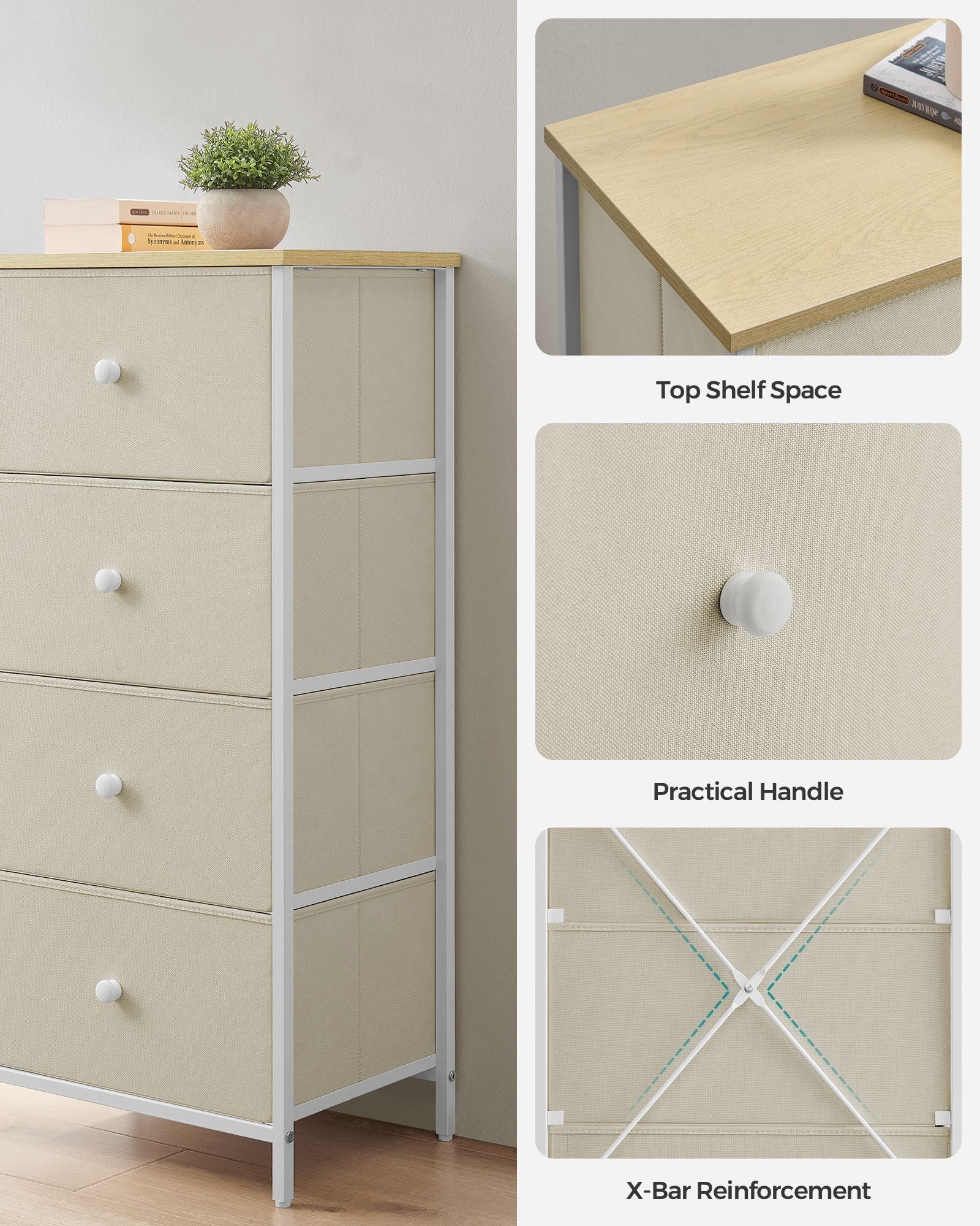 Chest of Drawers - Metal - Light Grey and White - Slim Design with 4 Drawers