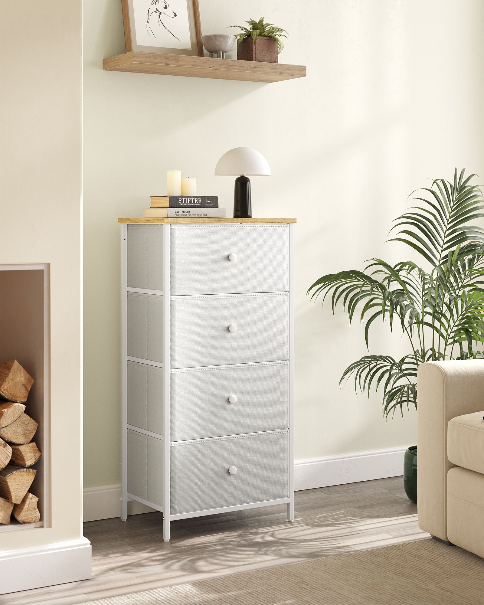 Chest of Drawers - Fabric - Light Grey and White - Tall and Slim Design with 4 Drawers