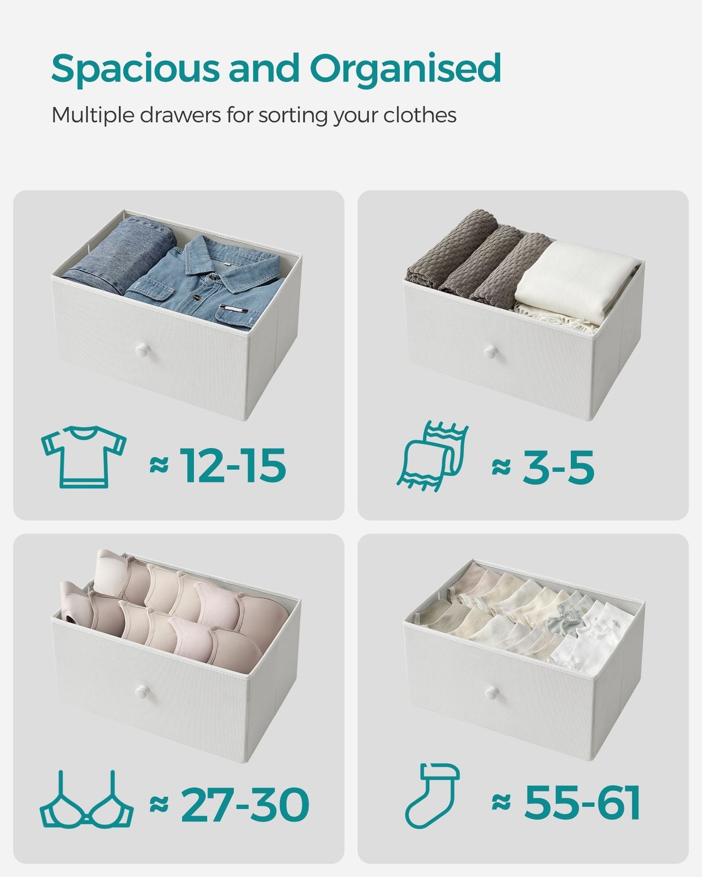 Chest of Drawers - Fabric - Light Grey and White - Tall and Slim Design with 4 Drawers
