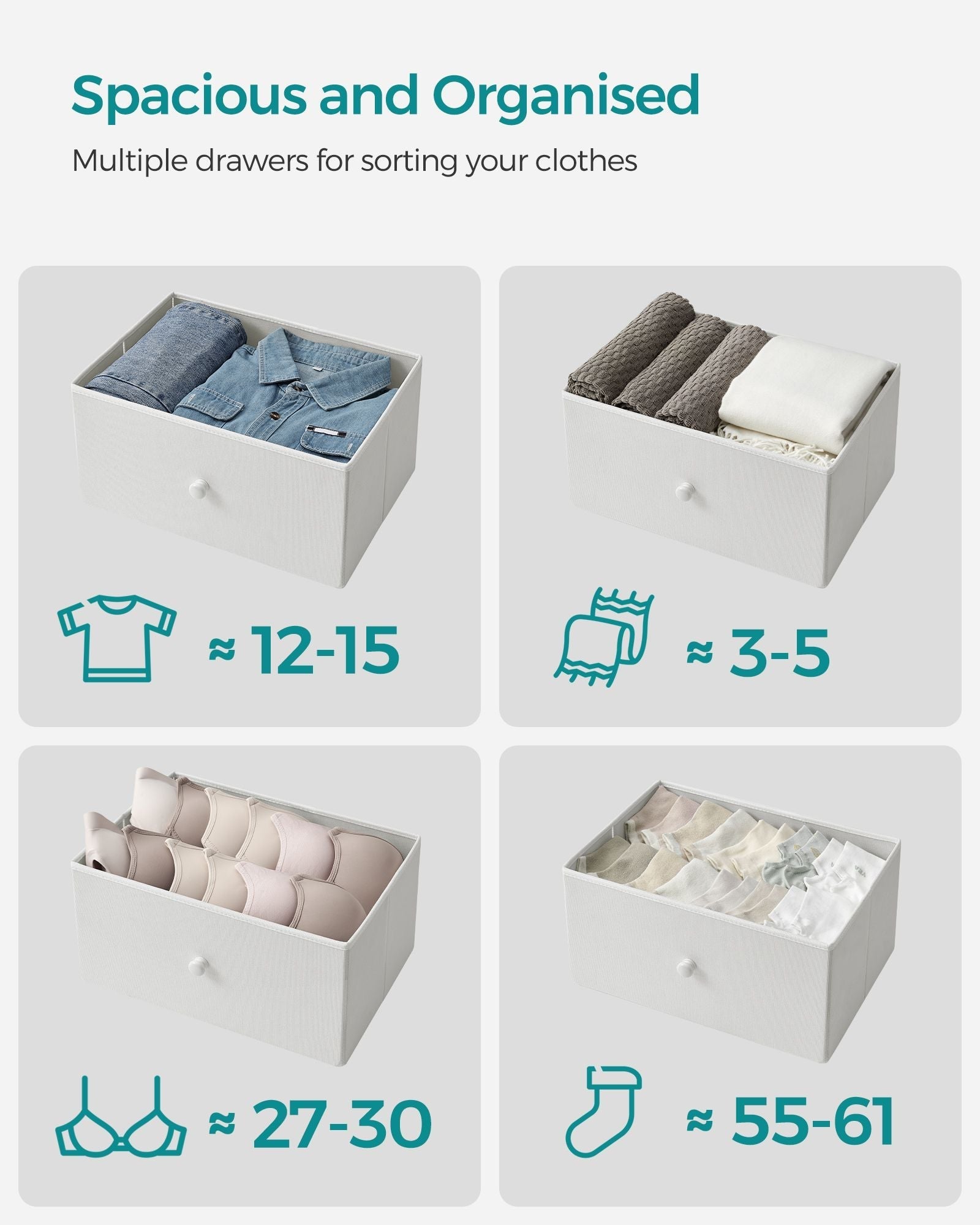 Chest of Drawers - Fabric - Light Grey and White - Tall and Slim Design with 4 Drawers