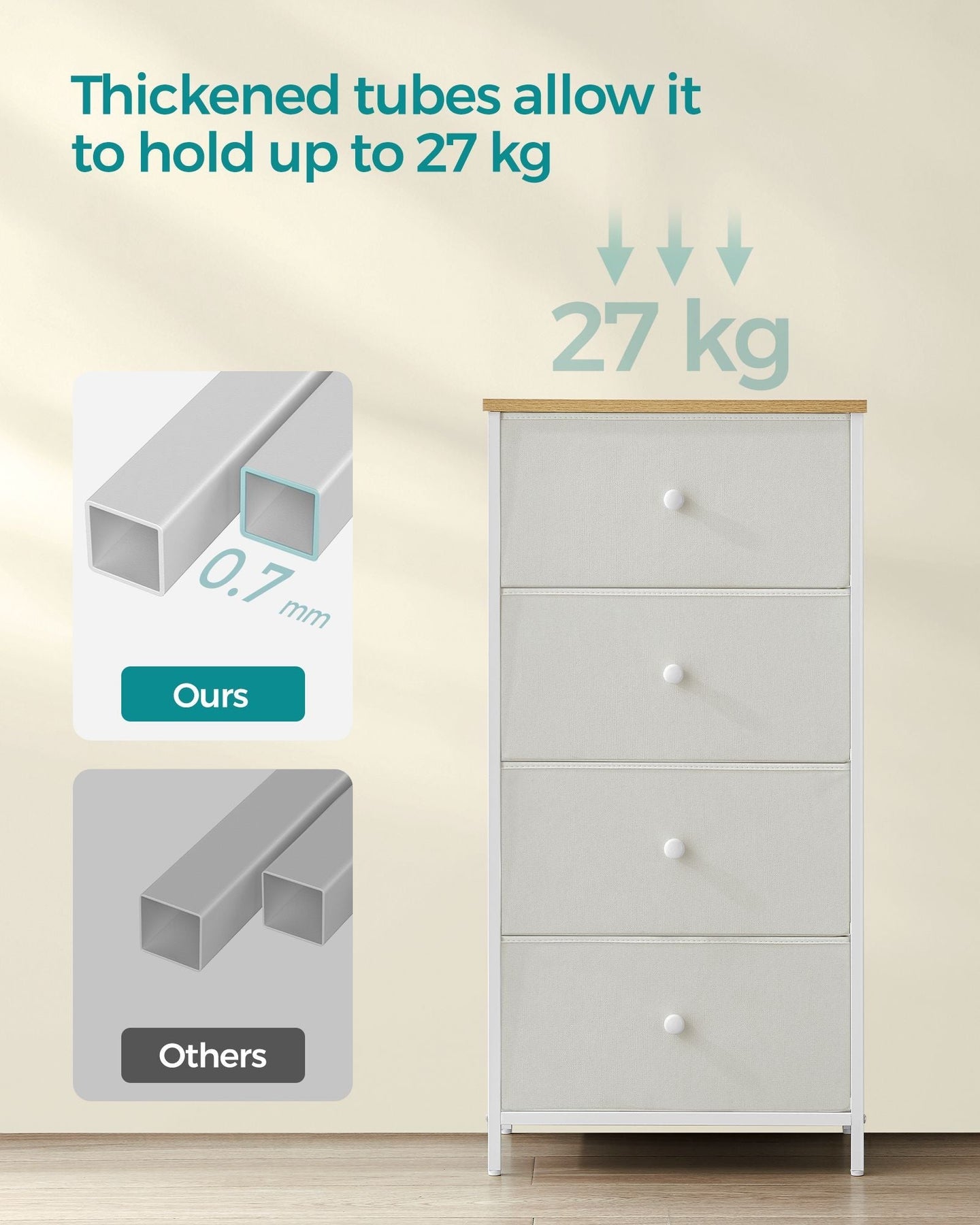 Chest of Drawers - Fabric - Light Grey and White - Tall and Slim Design with 4 Drawers