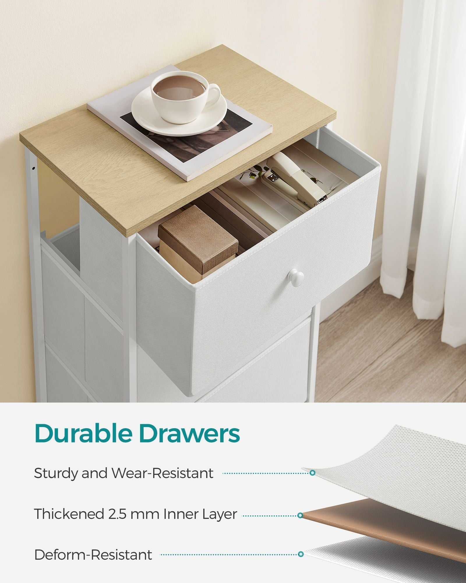 Chest of Drawers - Fabric - Light Grey and White - Tall and Slim Design with 4 Drawers