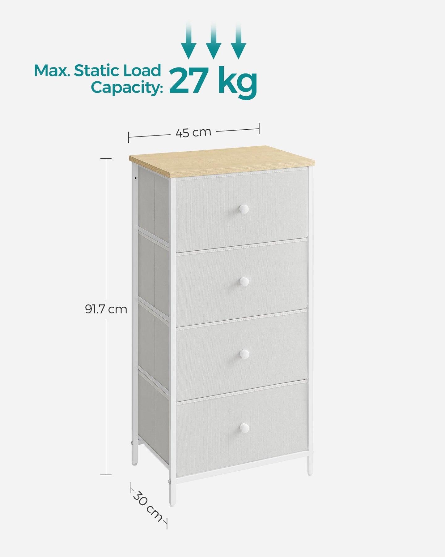 Chest of Drawers - Fabric - Light Grey and White - Tall and Slim Design with 4 Drawers