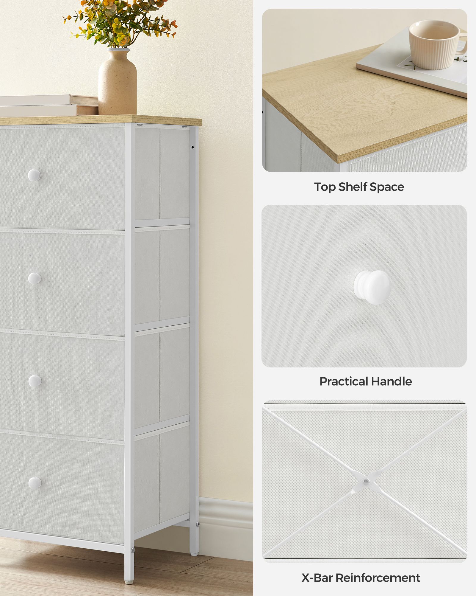 Chest of Drawers - Fabric - Light Grey and White - Tall and Slim Design with 4 Drawers
