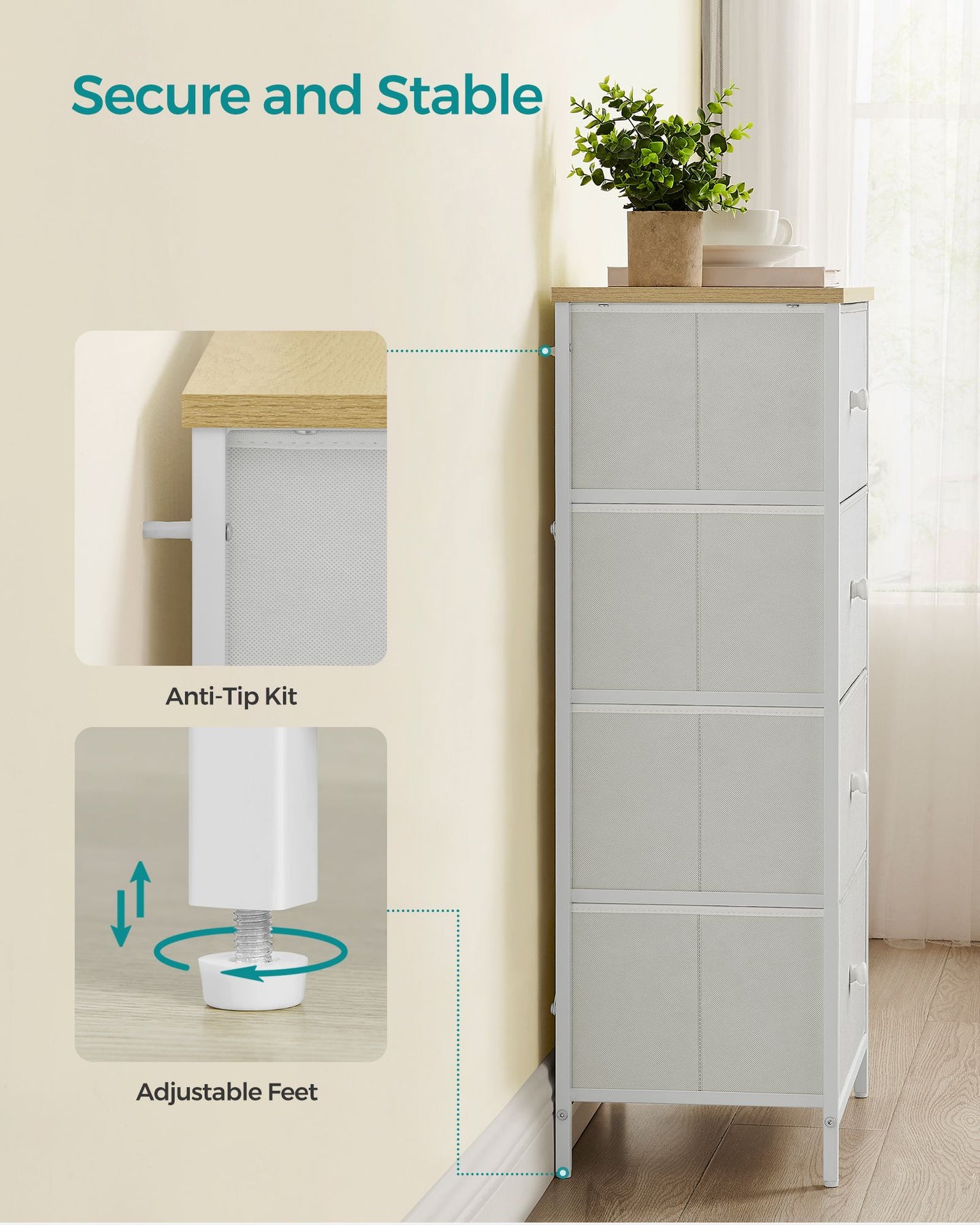 Chest of Drawers - Fabric - Light Grey and White - Tall and Slim Design with 4 Drawers