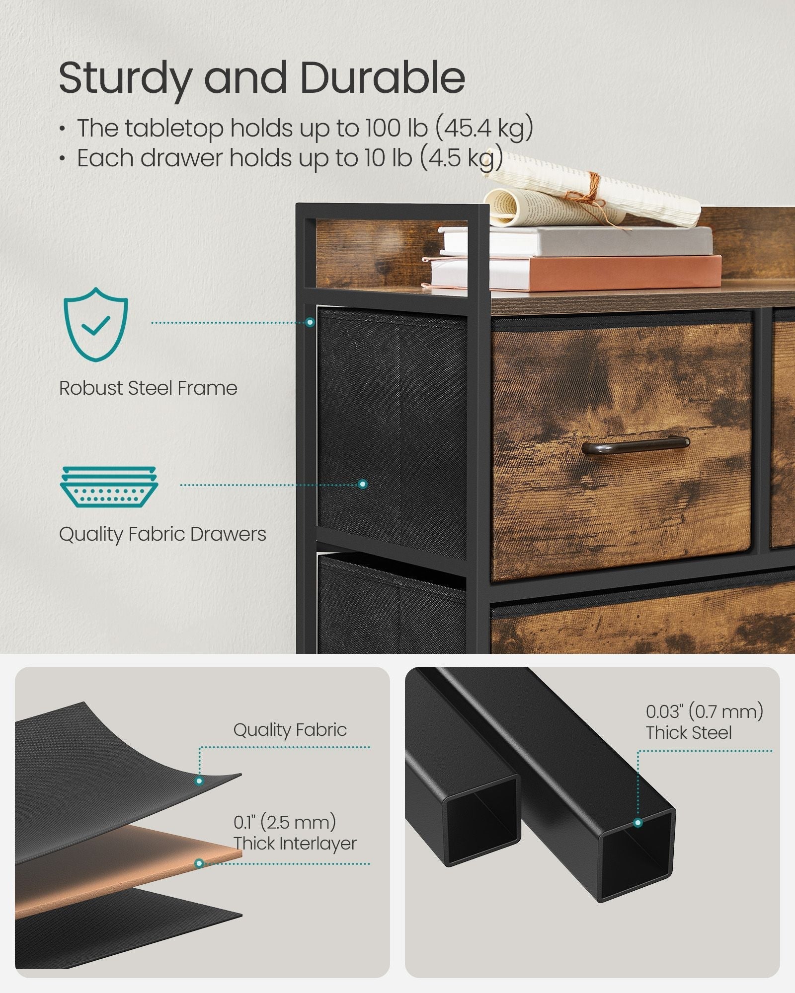 Chest of Drawers - 7 Spacious Drawers - Fabric - Rustic Brown
