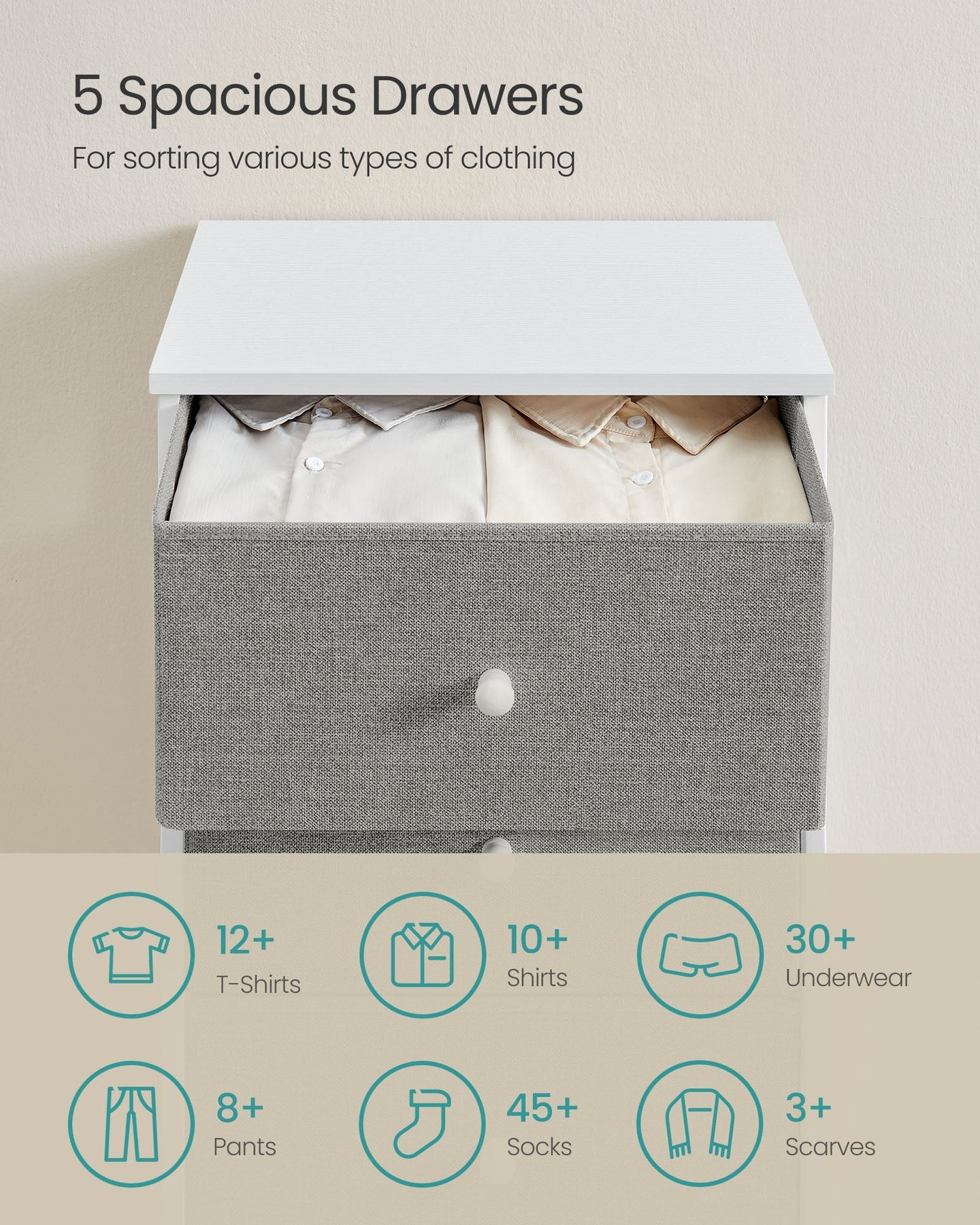 Chest of Drawers - Metal Frame with Fabric Drawers - Dove Grey - Tall and Slim Design