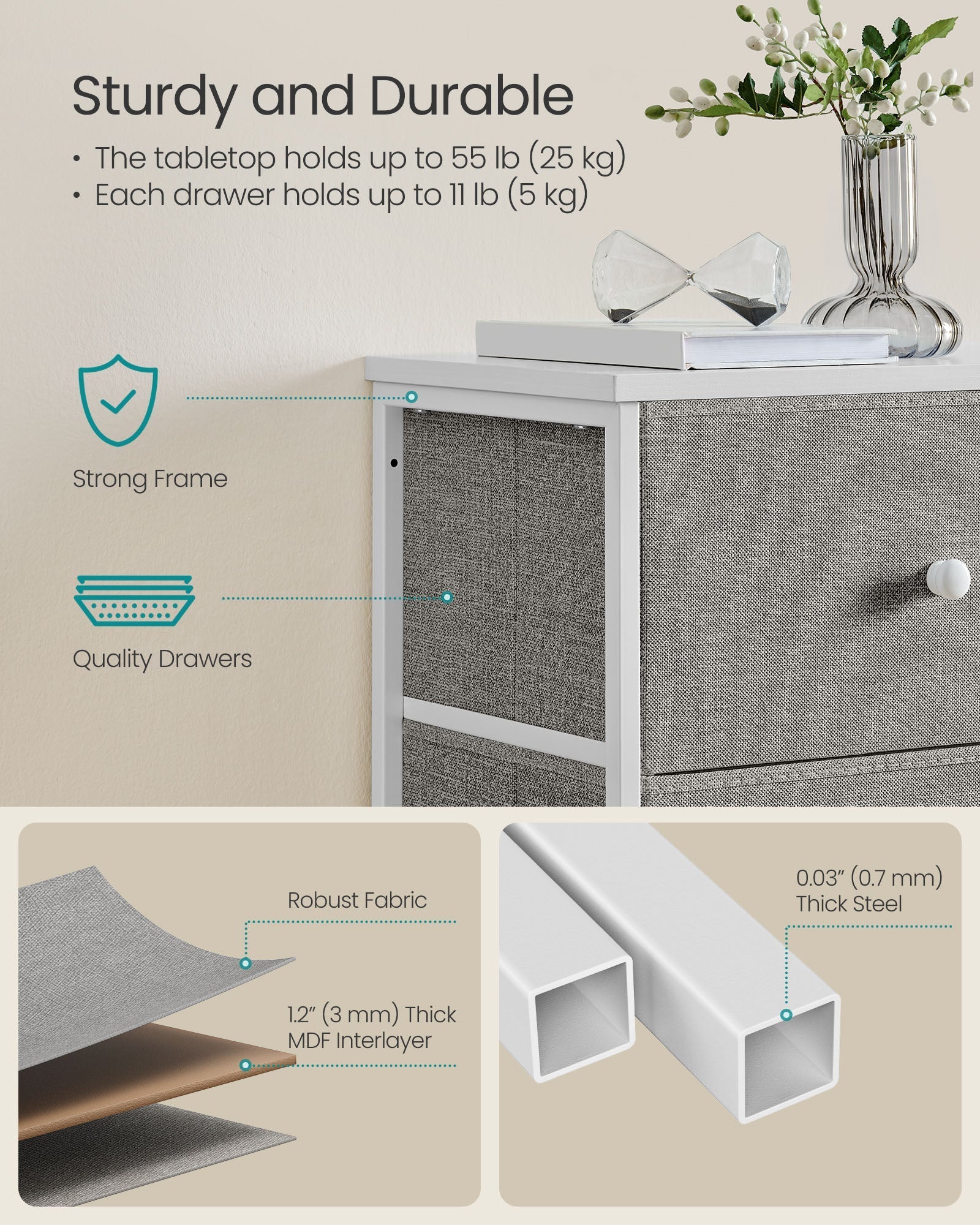 Chest of Drawers - Metal Frame with Fabric Drawers - Dove Grey - Tall and Slim Design