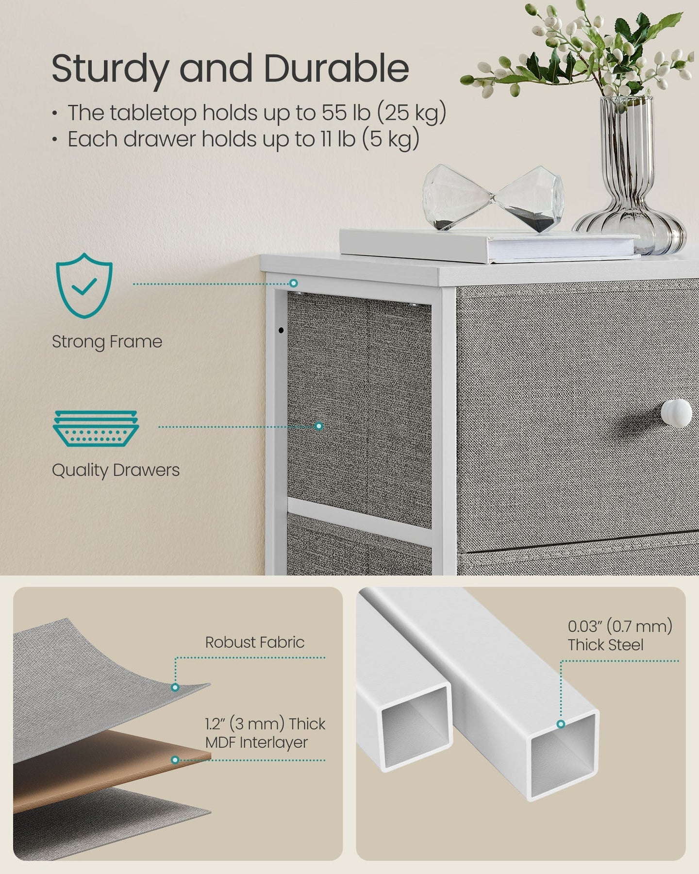 Chest of Drawers - Metal Frame with Fabric Drawers - Dove Grey - Tall and Slim Design