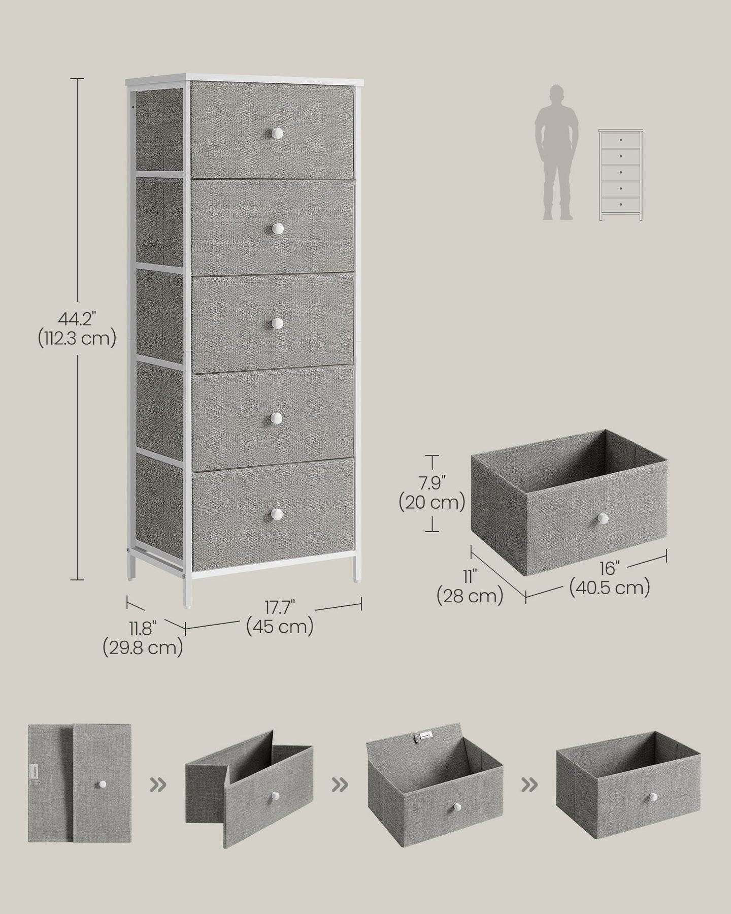 Chest of Drawers - Metal Frame with Fabric Drawers - Dove Grey - Tall and Slim Design