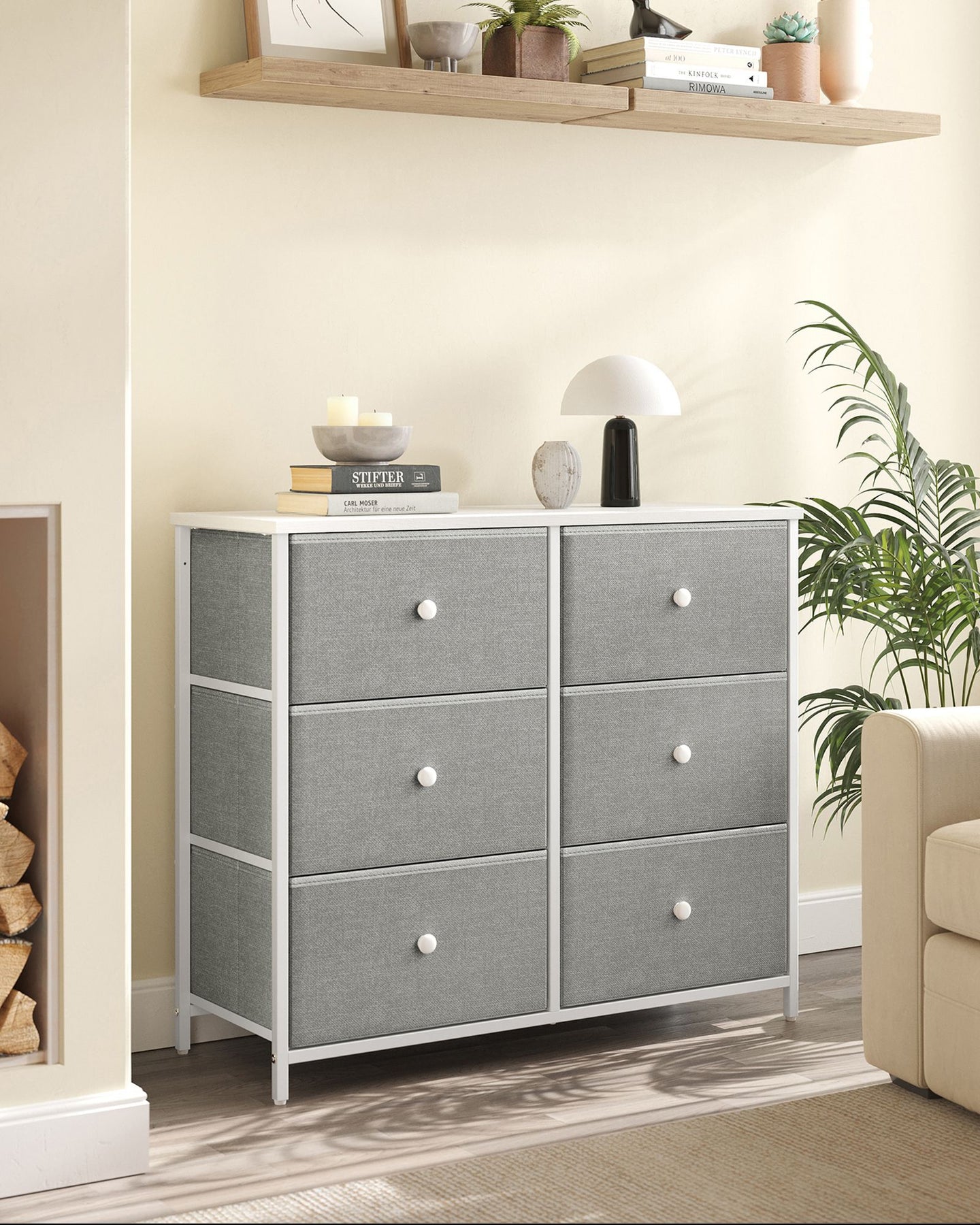 Chest of Drawers - Fabric - Light Grey and White - 6 Drawer Storage Organizer with Wooden Front and Top