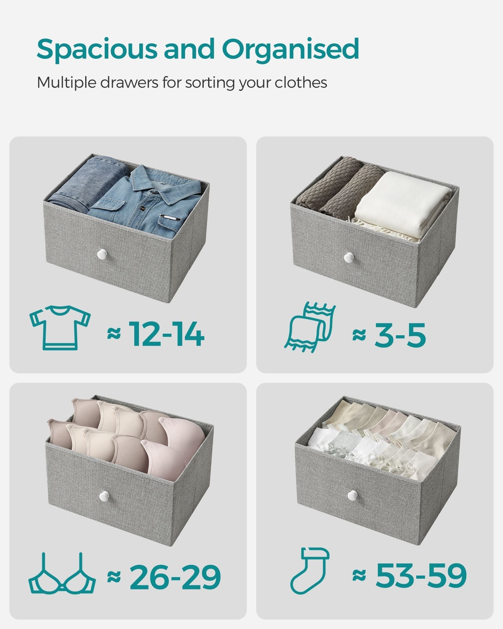 Chest of Drawers - Fabric - Light Grey and White - 6 Drawer Storage Organizer with Wooden Front and Top
