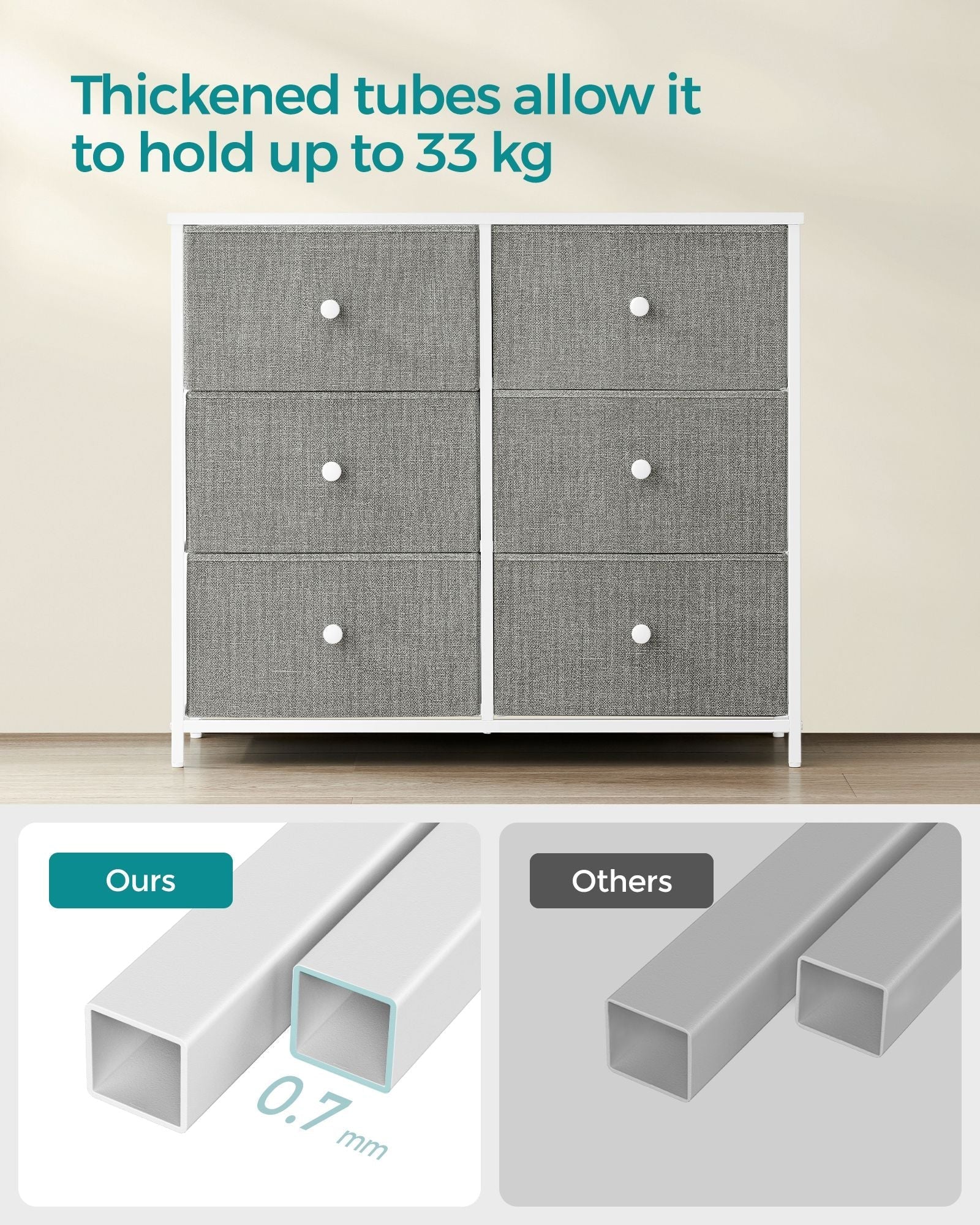 Chest of Drawers - Fabric - Light Grey and White - 6 Drawer Storage Organizer with Wooden Front and Top