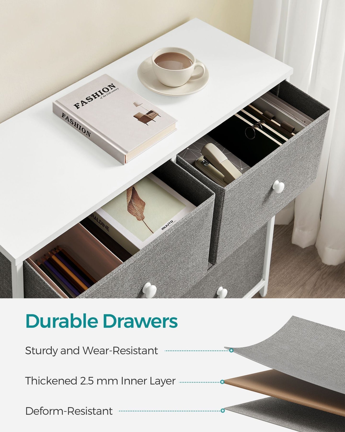 Chest of Drawers - Fabric - Light Grey and White - 6 Drawer Storage Organizer with Wooden Front and Top