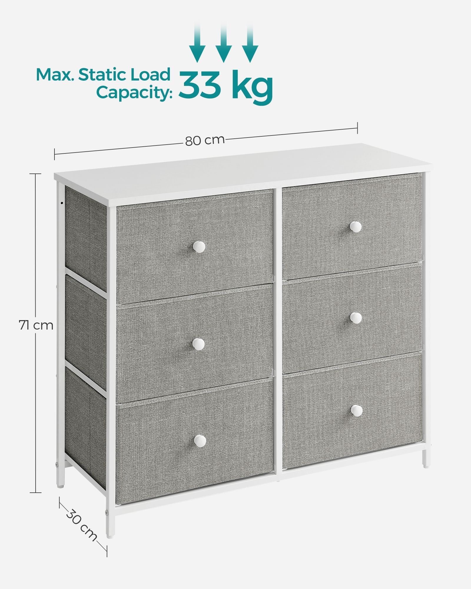 Chest of Drawers - Fabric - Light Grey and White - 6 Drawer Storage Organizer with Wooden Front and Top