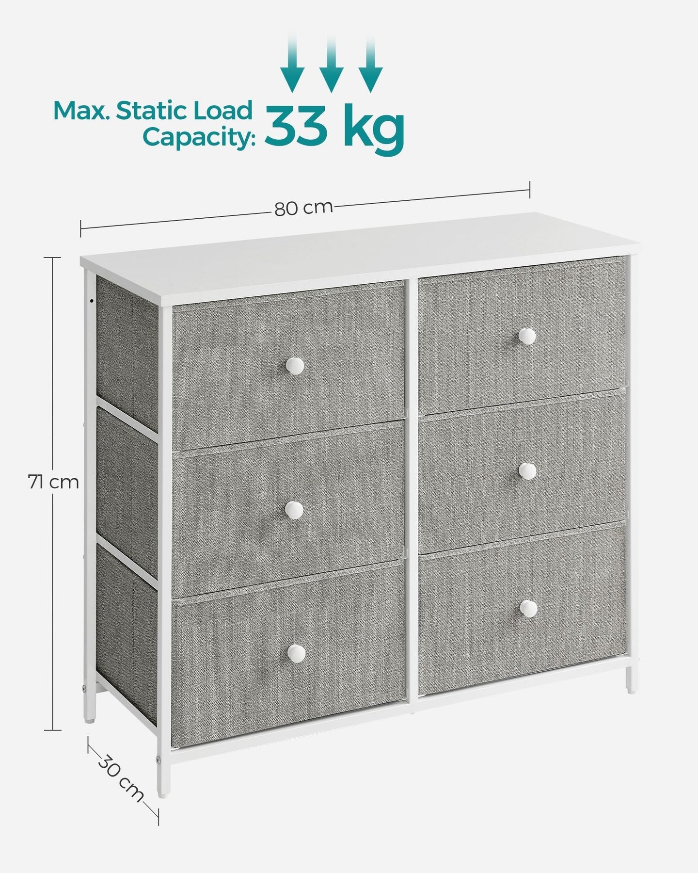 Chest of Drawers - Fabric - Light Grey and White - 6 Drawer Storage Organizer with Wooden Front and Top