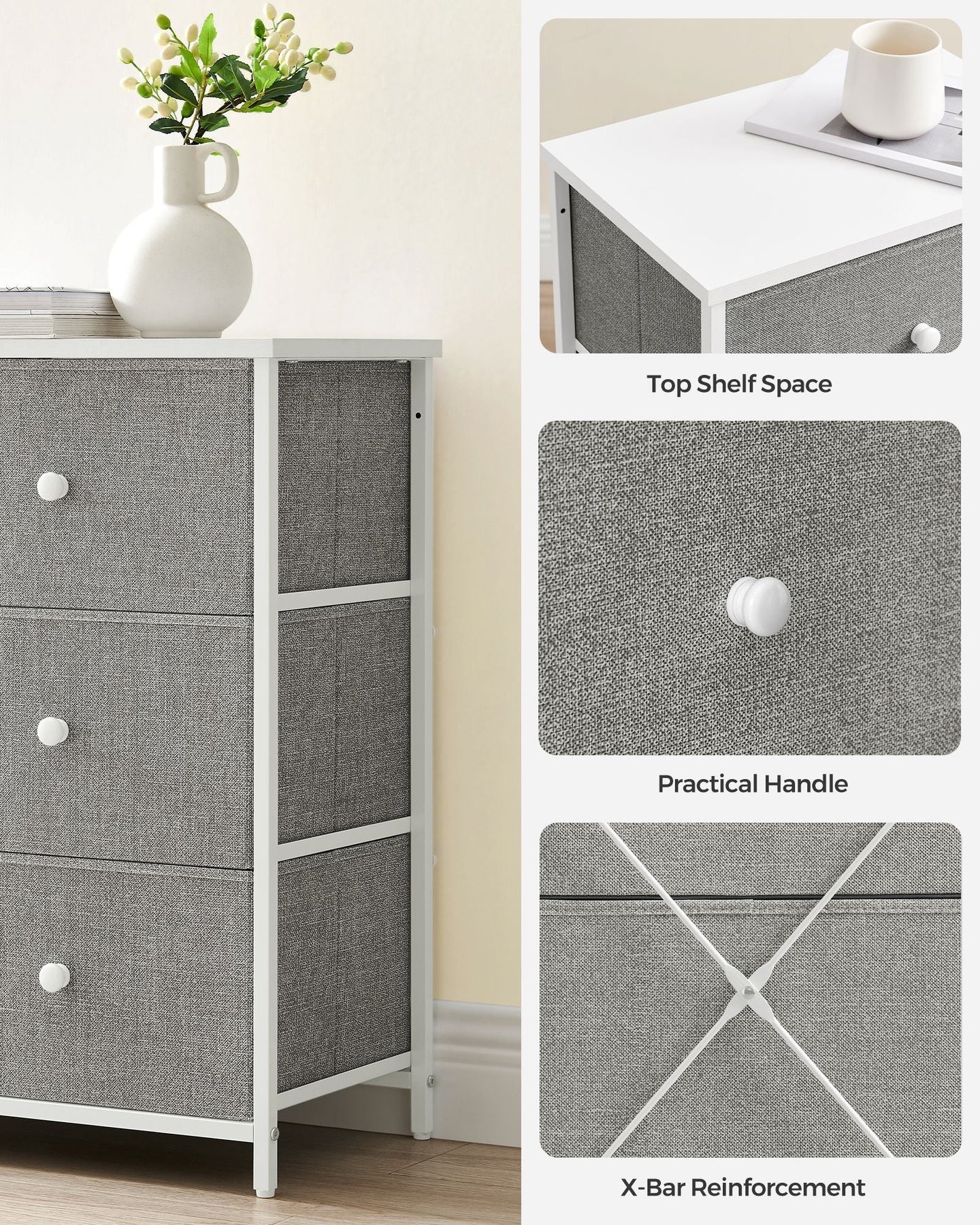 Chest of Drawers - Fabric - Light Grey and White - 6 Drawer Storage Organizer with Wooden Front and Top
