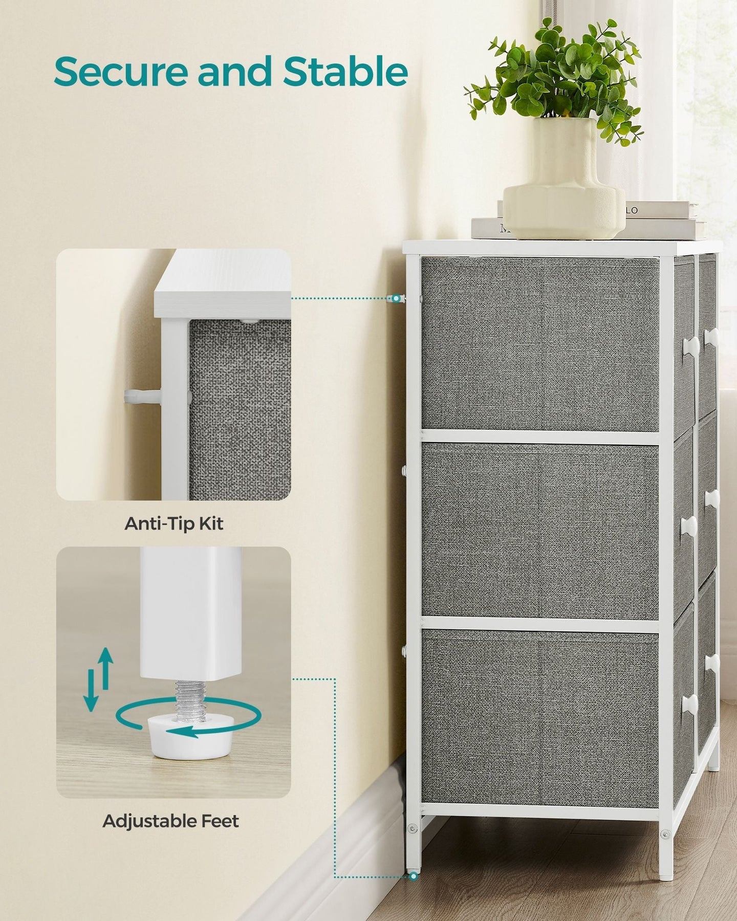 Chest of Drawers - Fabric - Light Grey and White - 6 Drawer Storage Organizer with Wooden Front and Top