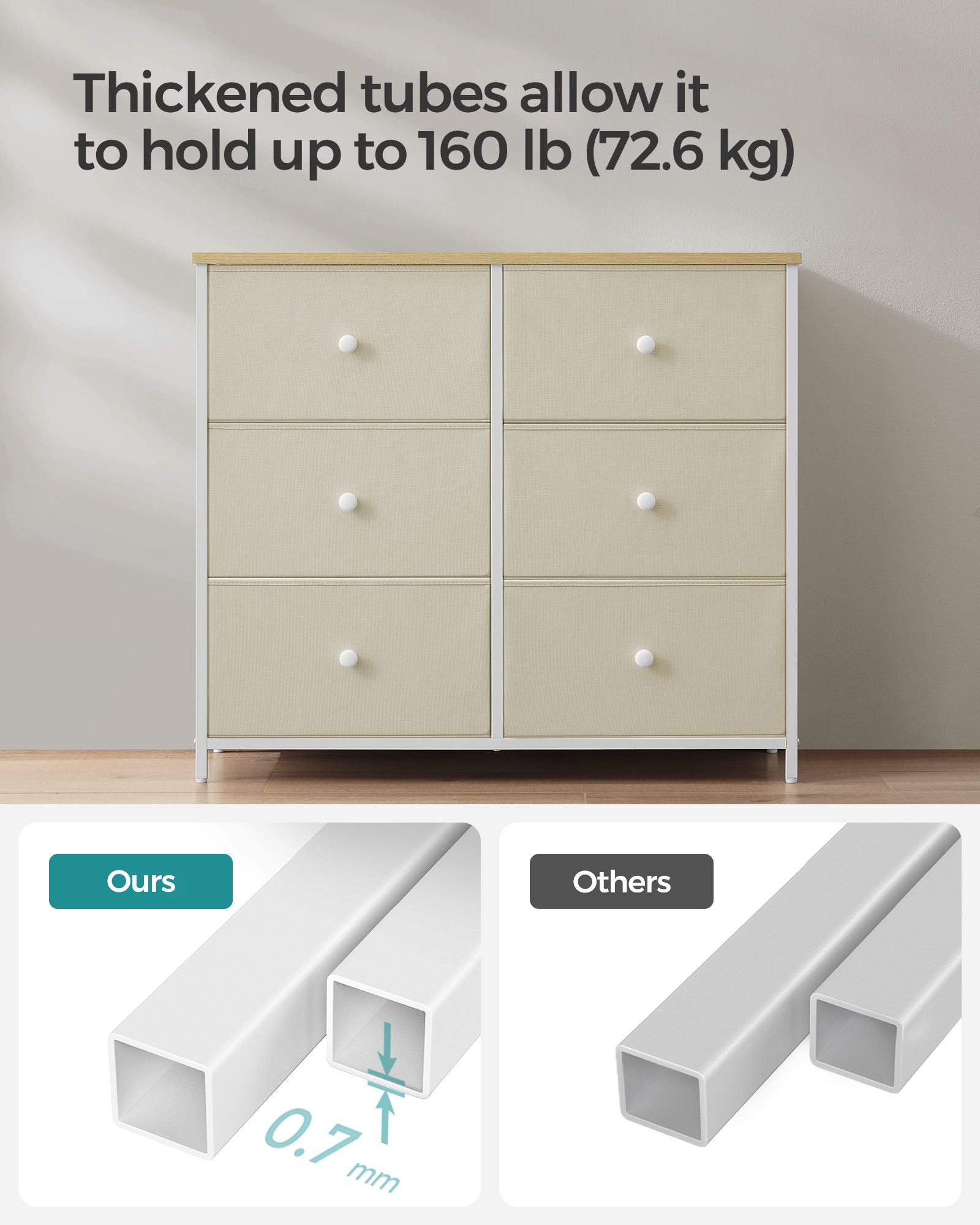 Storage Organiser Unit - Fabric - Rustic Brown and Black - 6 Drawers with Wooden Front and Top