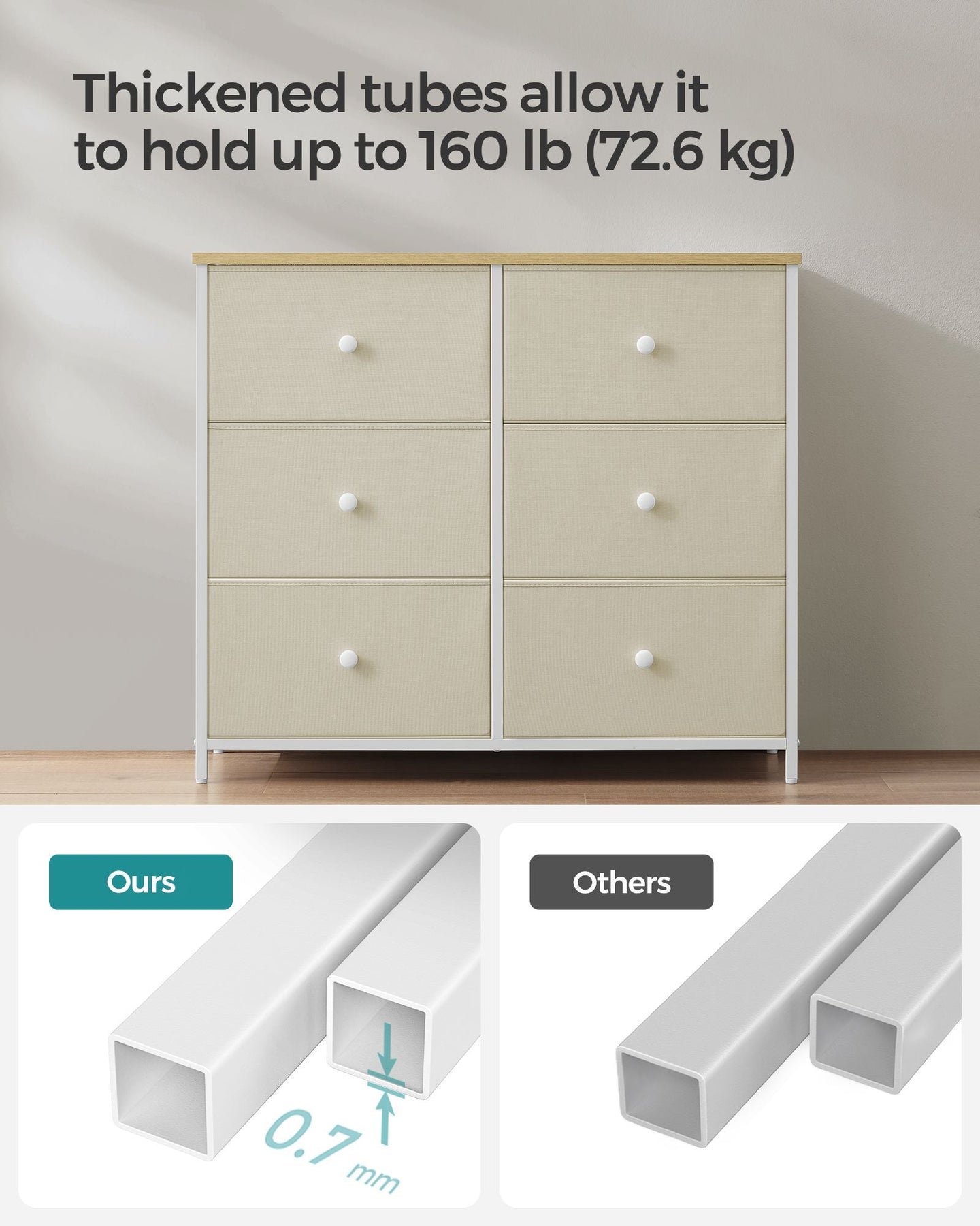 Storage Organiser Unit - Fabric - Rustic Brown and Black - 6 Drawers with Wooden Front and Top